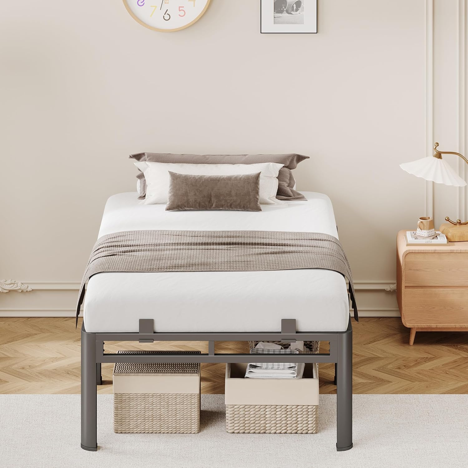 20 Inch Queen Size Bed Frame,Double Layer Heavy Duty Metal Platform Tall | Easy Assembly,Noise Free,2in1 Base,4000lbs Capacity,6 Mattress Stoppers,Round Corner Legs,16"Storage Space,Headboard Holes
