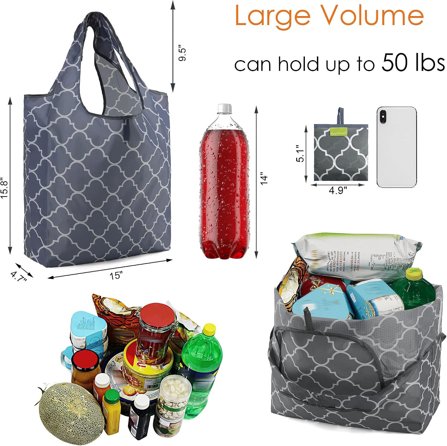 BeeGreen Grocery Bags | Reusable Gift Bags, Large Tote for Women & Foldable Beach Bag - 6 Pack Reusable Bag With Handles | Collapsible Cute Cloth Storage for Market, Holiday & Shopping | Washable​