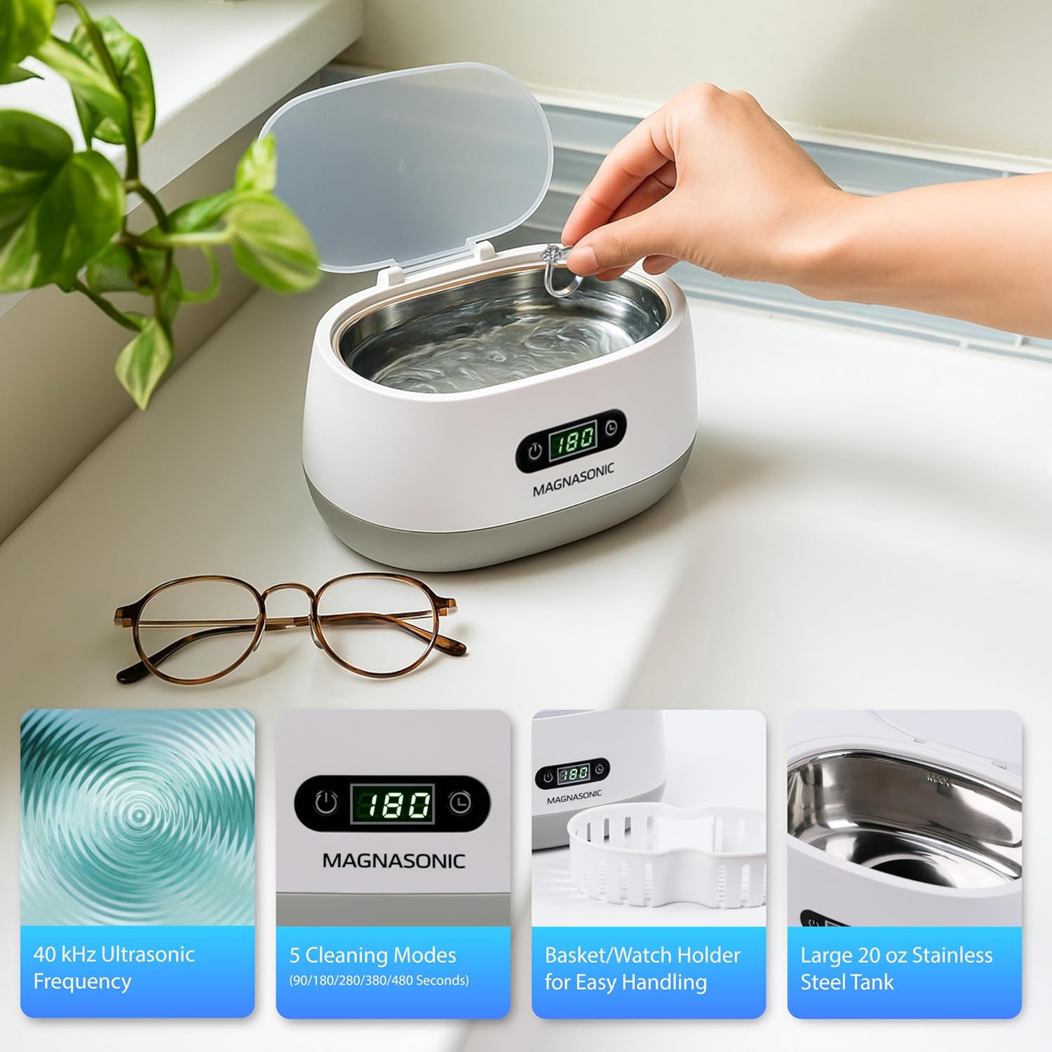 Magnasonic Ultrasonic Cleaner - 20oz Stainless Steel Tank, Digital Timer, 5 Cleaning Modes, Ultrasonic Jewelry Cleaner for All Jewelry, Eyeglasses, Watches, Dentures, Retainers & More