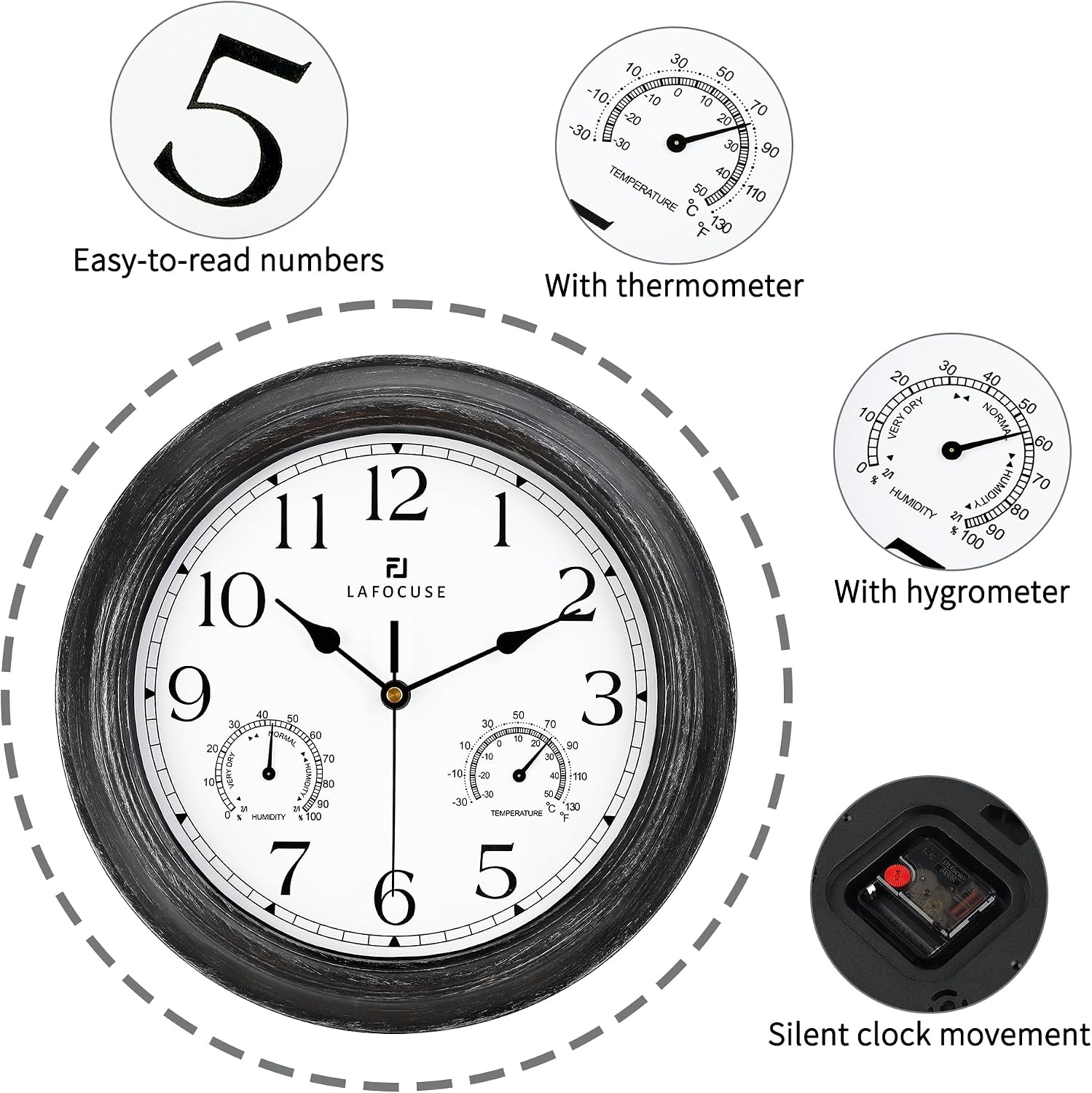 Lafocuse 12 Inch Brown Outdoor Wall Clocks with Temperature and Humidity