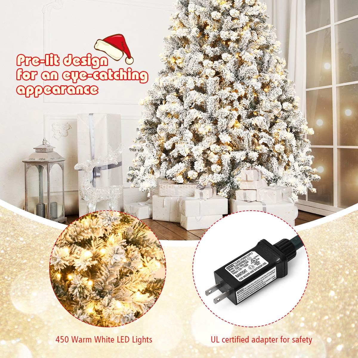 Goplus 7.5ft Pre-Lit Artificial Christmas Tree, Premium PVC Snow Flocked Hinged Pine Tree with Metal Stand and LED Lights