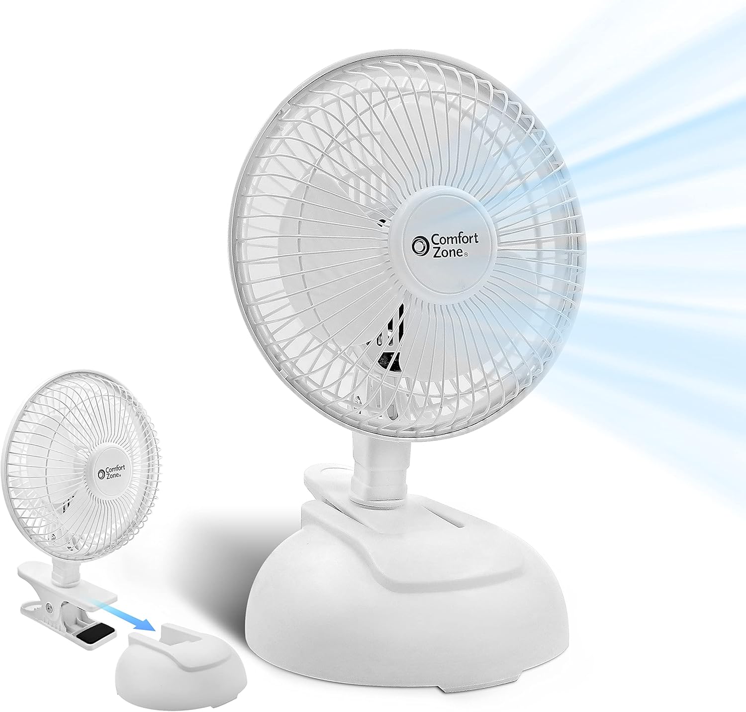 Comfort Zone CZ6XMWT 6” 2-Speed Combo Clip or Desk Fan with Removable Base, Strong Clamp for Firm Grip, Suitable for Bedroom, Office, or Dorm Room, White