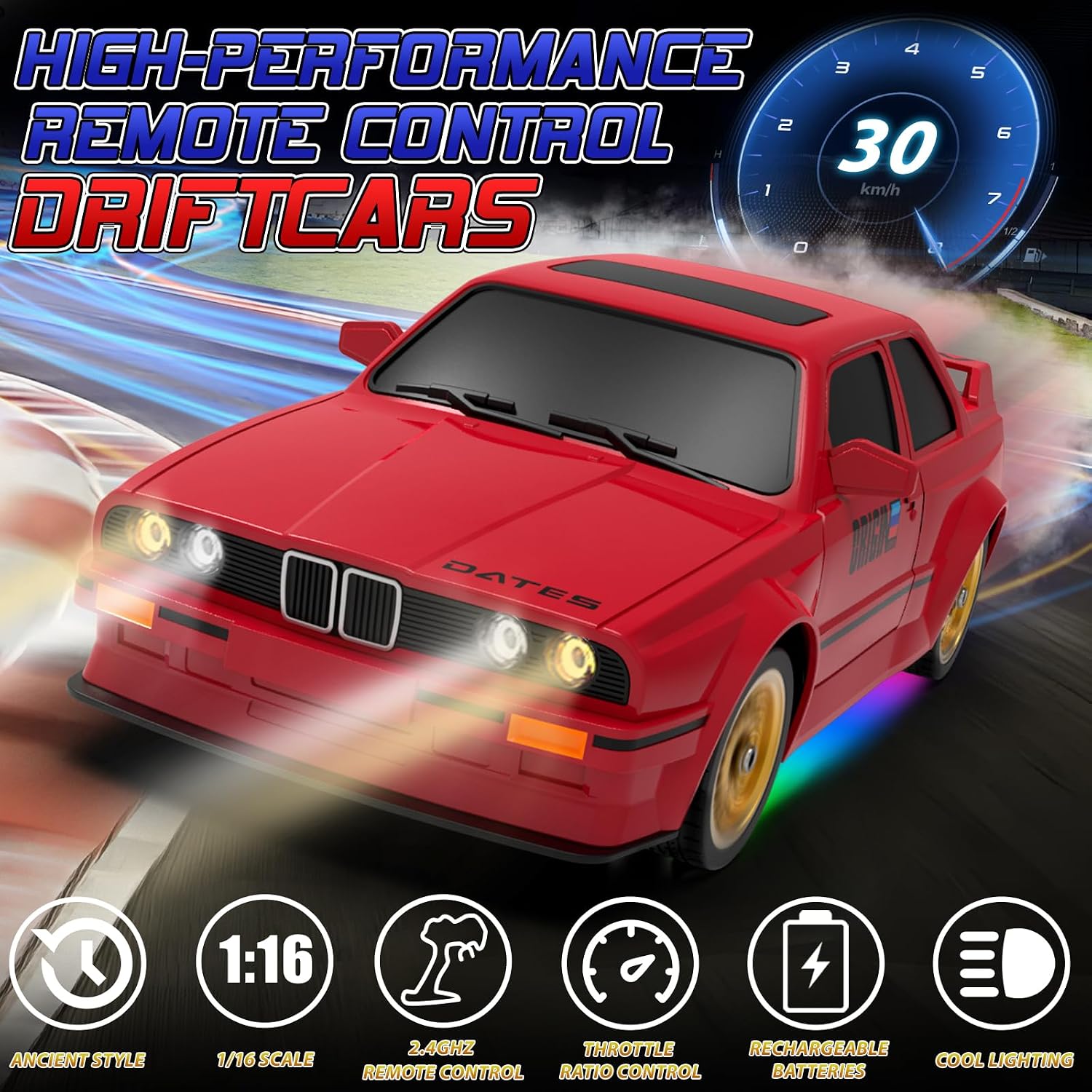 Remote Control Cars 1:16 Scale RC Drift Car 2.4Ghz 30KM/H High Speed 4WD RTR Racing Car with Drift Tires LED Lights 2PCS Rechargeable Batteries RC Sport Cars Toys for Adults Boys Girls Kids Gift