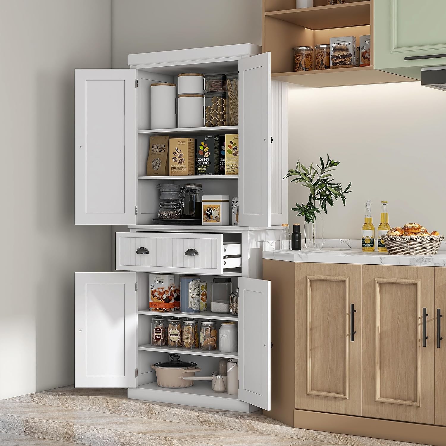 HOMCOM 72" Kitchen Pantry Cabinet Freestanding Tall Storage Cabinet White | Traditional Kitchen Pantry, 4 Doors, Drawer, 3 Adjustable Shelves, for Dining Room