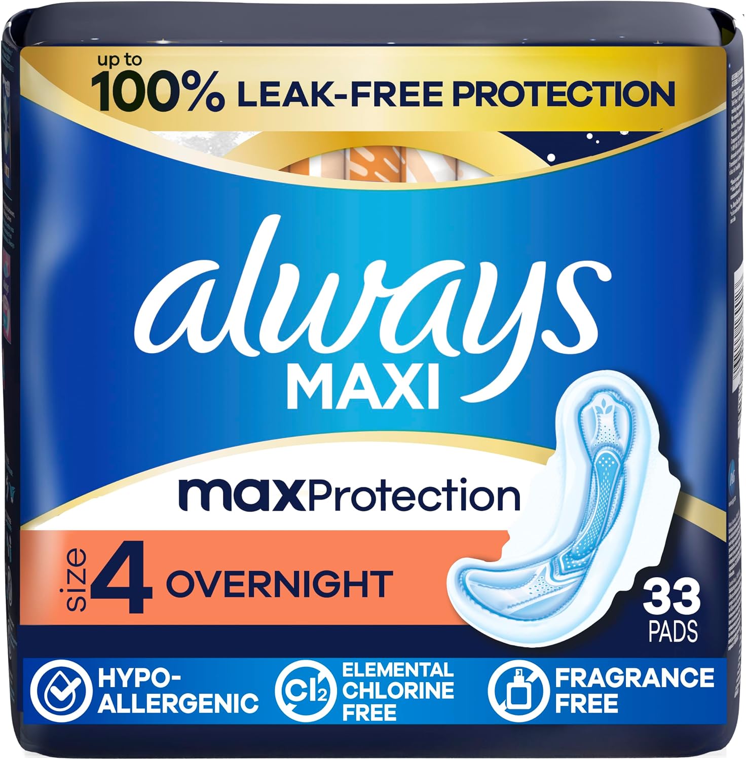 Always Maxi Overnight Feminine Pads with Wings for Women, Size 4, Overnight Absorbency, Unscented, Up to 100% Leak-Free Protection, 48 Count