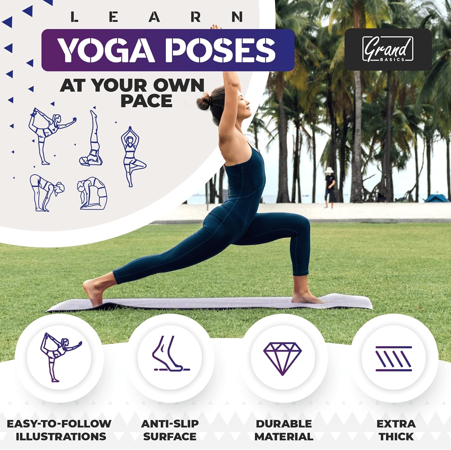 Instructional Yoga Mat with Carrying Strap: Cute Yoga Mat with 75 Illustrated Yoga Poses + 75 Easily-Followed Stretching Exercises - 1/4” Thick