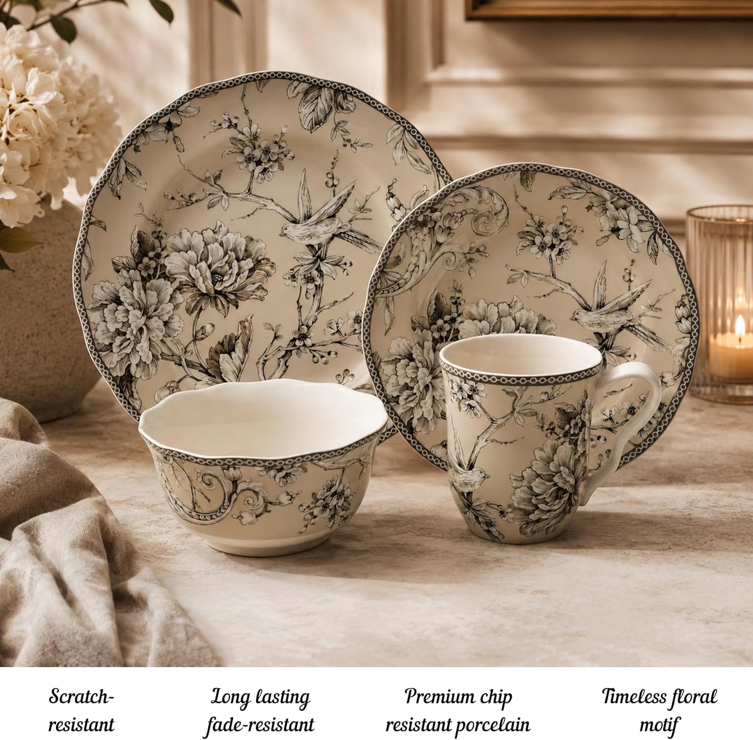 222 Fifth Adelaide 16-Piece Black Porcelain Dinnerware Set – Service for 4, Featuring Hand-Applied Romantic Woodland Bird Design