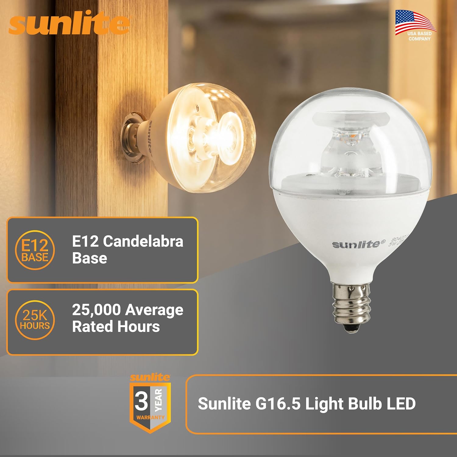 Sunlite G16.5 Light Bulb LED, 5W (40W Equiv.), 350 Lumens, Dimmable, Type G Globe Shape E12 Candelabra Base, Short Bulbs, Vanity Mirror Bulbs, 2700K Soft White, Frosted, 6 Count