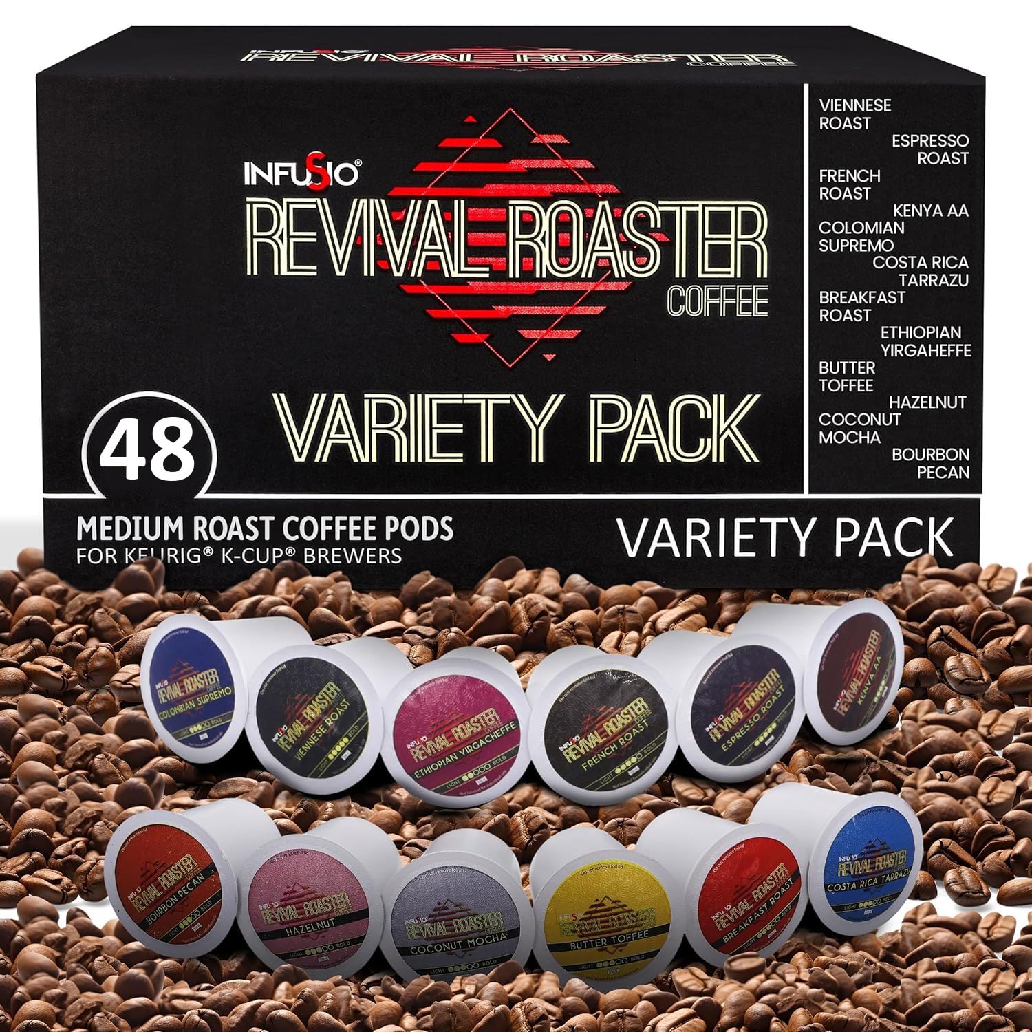 InfuSio Coffee Pods Variety Pack – 96 Count, 12 Blends of Crafted Origins and Indulgent Flavors Including Bourbon Pecan, Butter Toffee & Hazelnut, Medium & Dark Roast, No Sweeteners, Low Acid, Keurig Compatible