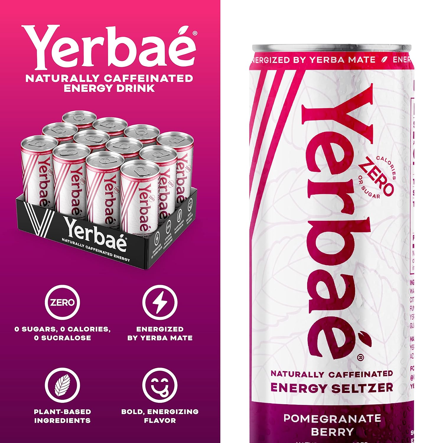 Yerbaé Energy Seltzer - Variety Performance Pack. No Sugar/Calories/Carbs. Energized by Yerba Mate Naturally Caffeinated Plant-Based, Healthy Alternative to Coffee/Sugary Sodas, Pack of 12, 12oz cans