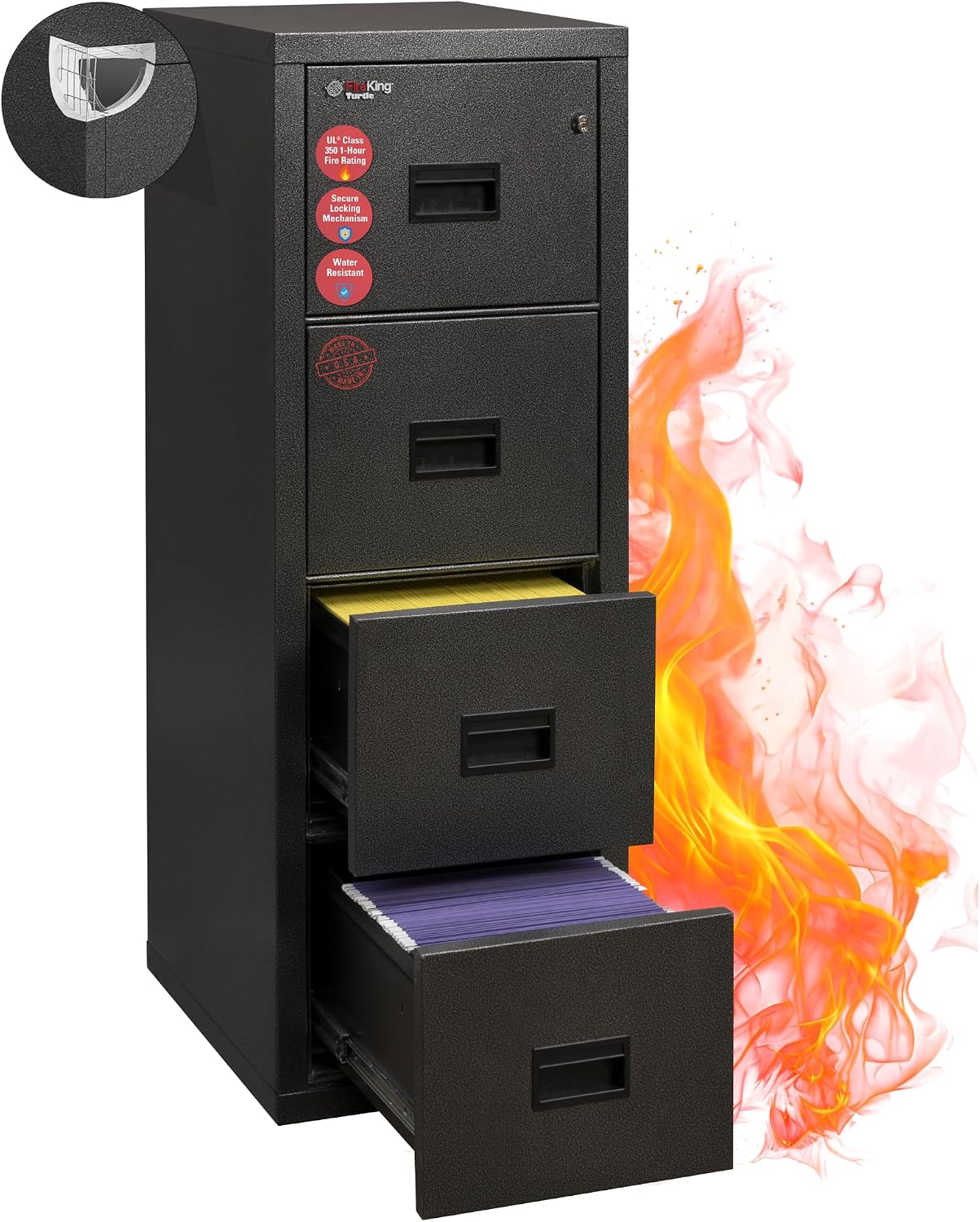 FireKing Turtle Vertical 2 Drawer Fire Rated File Cabinet, Black | 1 Hour Fire Rated Filing Cabinet - UL Class 350 - Water Resistant - Key Lock - Made in USA