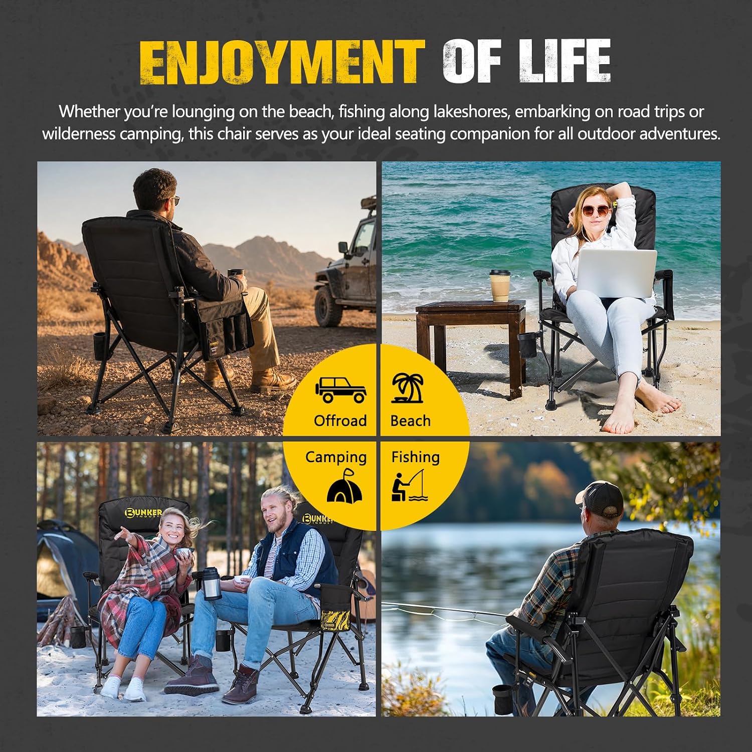 BUNKER INDUST Folding Camping Chair, Oversized with Padded Cushion, Outdoor Chair with Cup Holder Storage Pockets