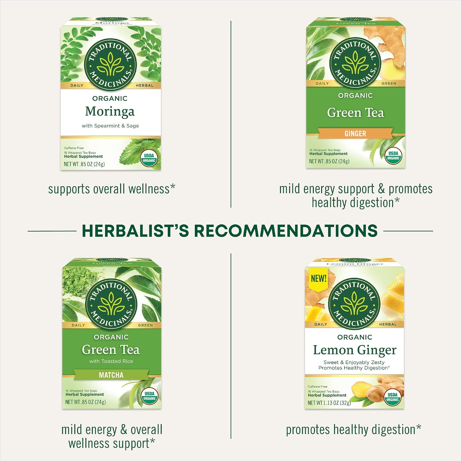 Traditional Medicinals Organic Green Tea Ginger, 16 Tea Bags | Promotes Healthy Digestion, Occasional Nausea & Indigestion Relief, Kosher, Non-GMO