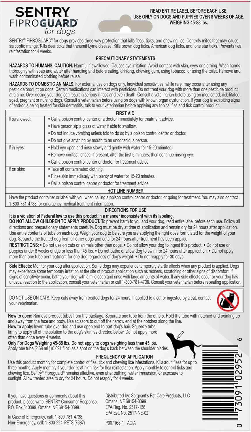 Sentry Fiproguard for Dogs, Flea and Tick Prevention for Dogs (23-44 Pounds), Includes 3 Month Supply of Topical Flea Treatments | Ideal for Medium Dogs 23-44 lbs; Kills Fleas, Ticks & Chewing Lice for 30 Days; 8 weeks+; Vet-Quality OTC Formula