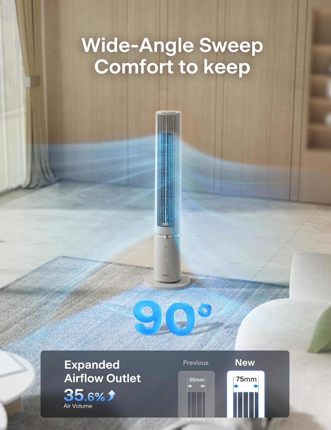 PELONIS 40-inch Bladeless Tower Fan for Bedroom, Standing Fan with Remote Control, 26ft/s, 90° Oscillation, 3 Speed Settings, 27 dB, 3 Modes