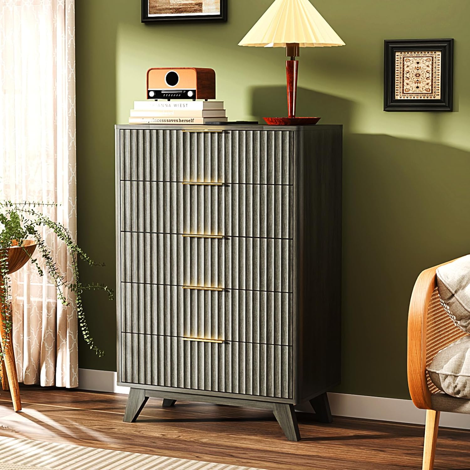 VINGLI Fluted Tall Dresser 5 Drawer, 23.66" W Chest of Drawers Gray Wood Dresser with Rounded Edges, Grey Dressers for Bedroom