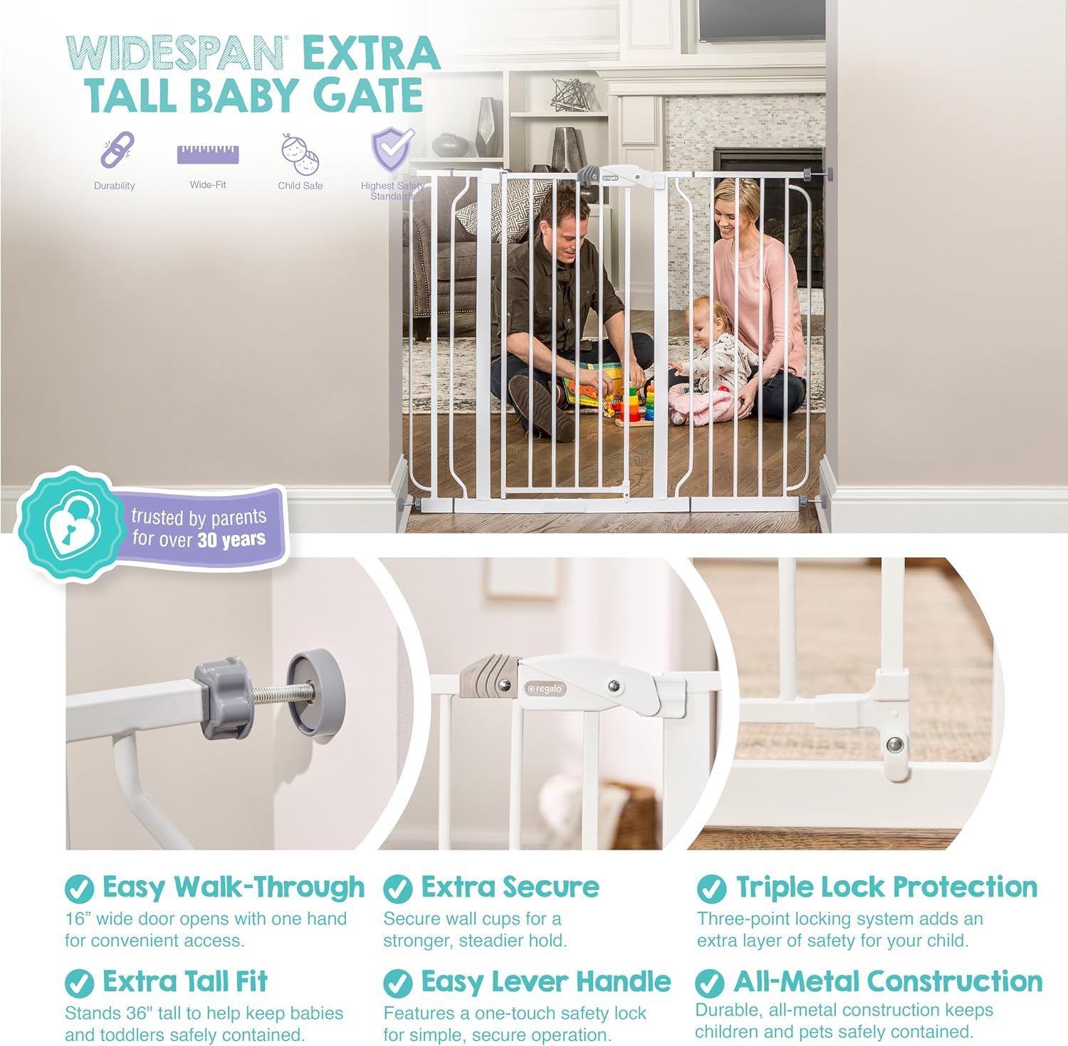 Regalo Safety 29"-49" Extra Wide Baby Gate, Bottom of Stairs & Doorways | Pressure Mounted with Door, For Babies, Toddlers & Pets, White, Tested & Trusted for 30 Years