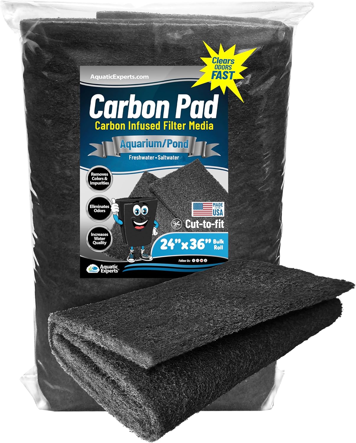Aquarium Carbon Pad – Cut‑to‑Fit Carbon Infused Filter Pad Media for Crystal Clear Fish Tanks and Ponds, 3/8"–1/2" Thick (10.5 Inch Width
