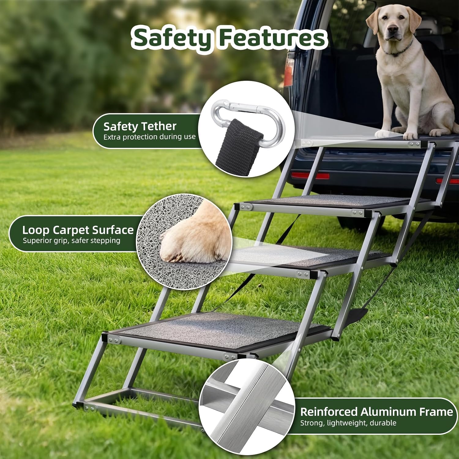 Dog Stairs for Large Dogs, 𝟐𝟎'' 𝐄𝐱𝐭𝐫𝐚 𝐖𝐢𝐝𝐞 Foldable Dog Ramp for Car, SUV & Truck, Non-Slip DogSteps for High Beds