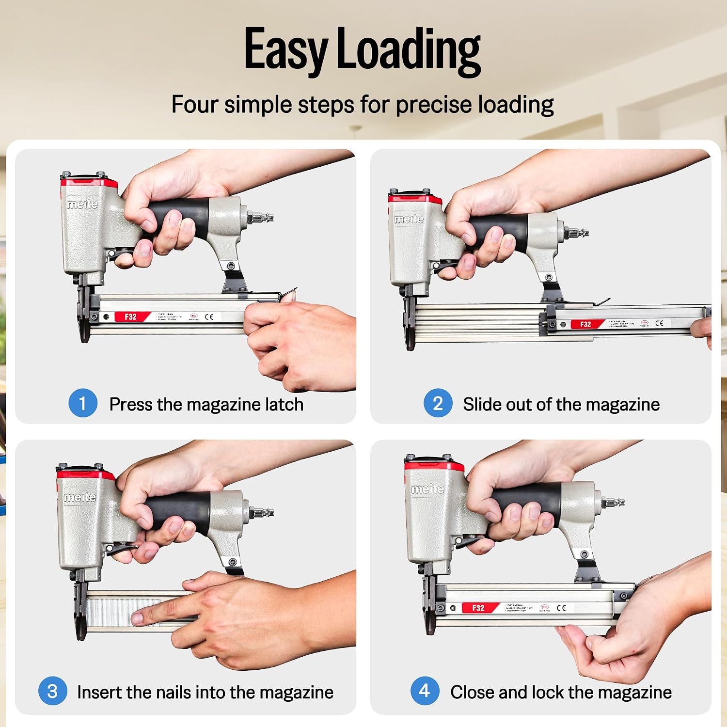 meite F32 Brad Nailer 18 Gauge 3/8" to 1-1/4" Pneumatic Tool for Woodworking Projects