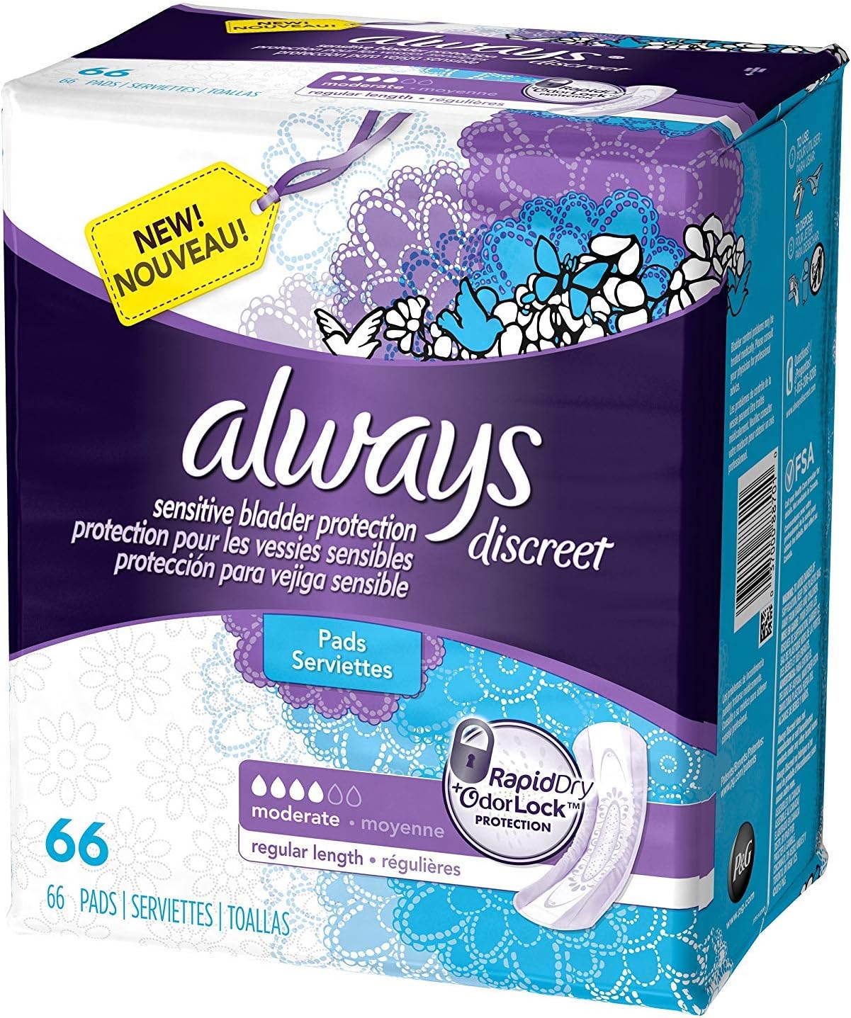 Always Discreet Adult Incontinence Pads for Women, Drier, 4 Drop Long Length, Moderate Absorbency, Pads for Bladder Control Management, Bladder Leaks, & Postpartum Pads, 54ct