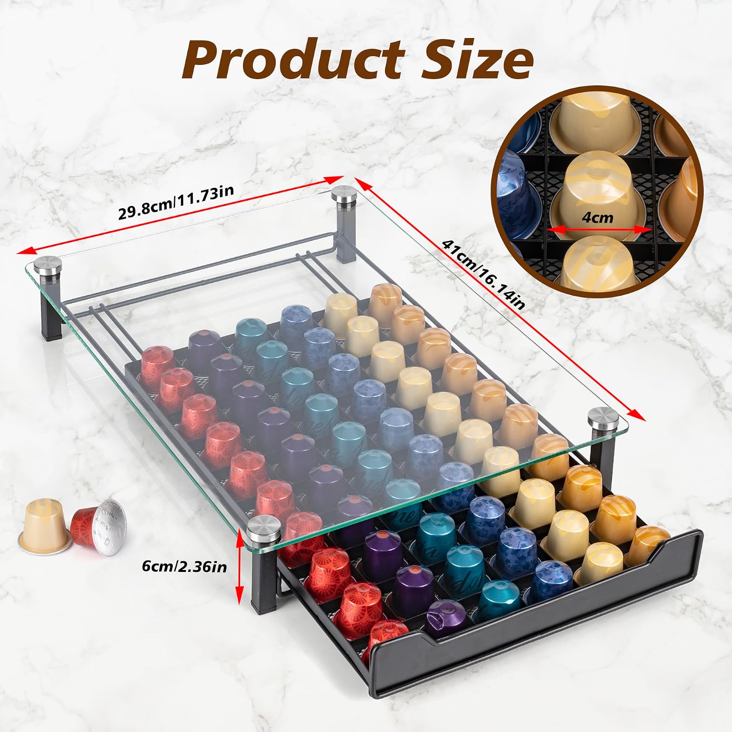 RECAPS Coffee Pod Holder Storage Small Pod Drawer Pods Holder | Compatible with Nespresso Original Line Coffee Pods Kitchen Organizer Holds 60