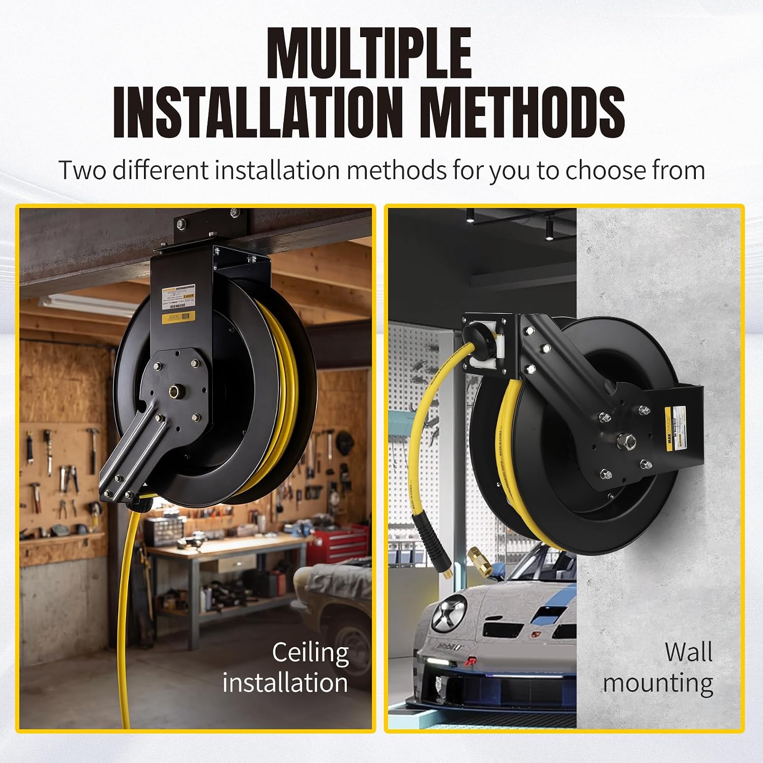 MaxWorks 50 Foot Auto Rewind Retractable Air Hose Reel with 3/8" Rubber Hose 250 PSI Heavy Duty Steel Spring Multi Position Ratchet and Solid Brass Fittings for Garage and Workshop (80720)