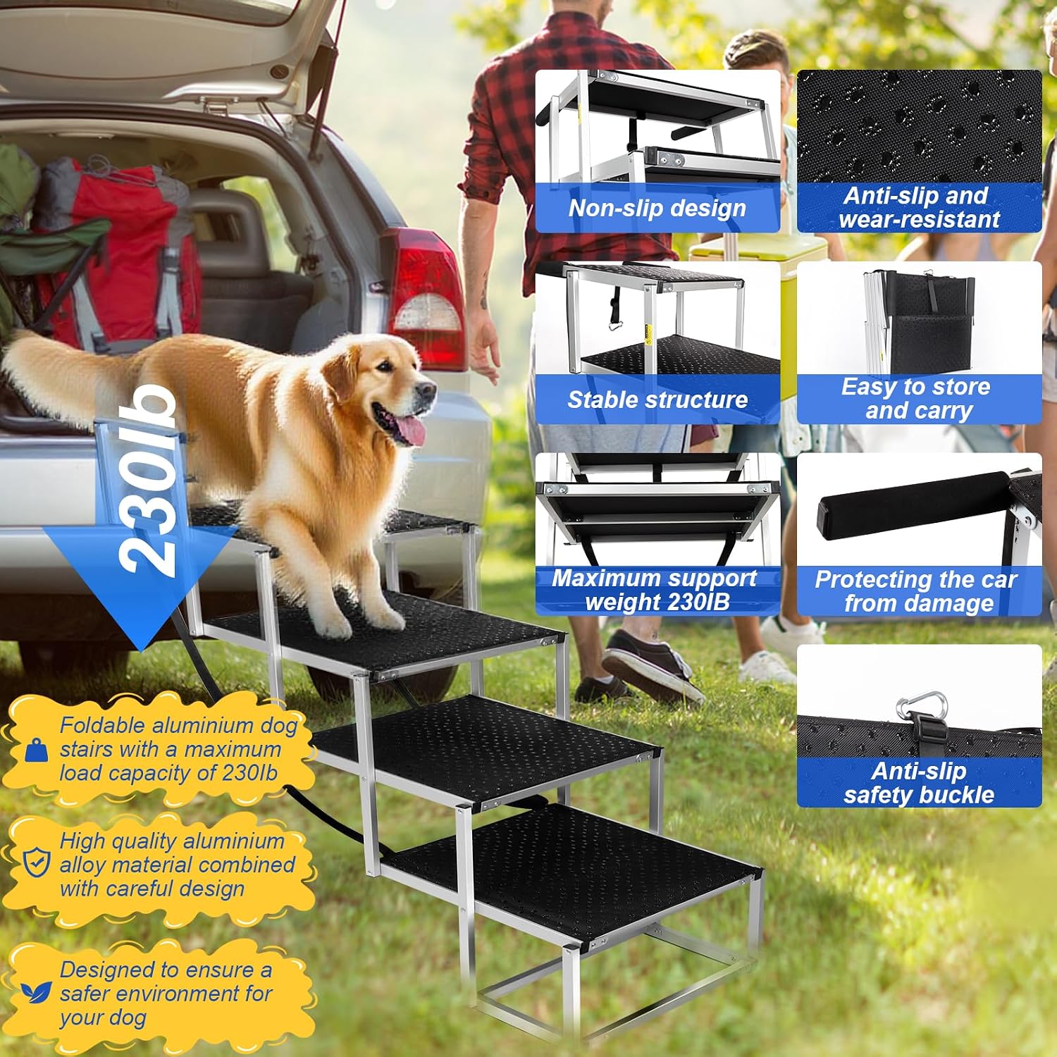 Deergym Dog Stairs for Large Dogs - 5 Step Wide 16in High 34in Foldable Dog Ramp for Car Non-Slip Surface Support up to 230lbs - Suitable for SUV,Truck, Sofas, Bed