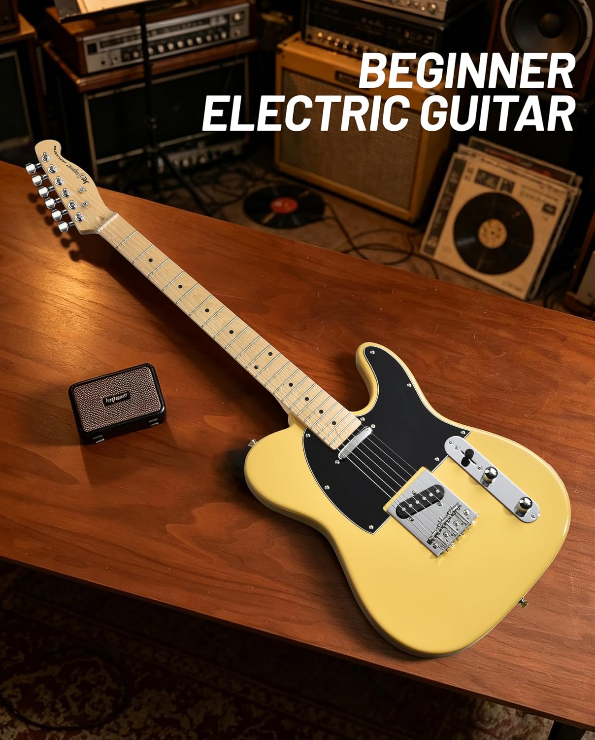 Leo Jaymz Beginner Electric Guitar Complete Kit with Portable Amp, Padded Gig Bag & Full Accessories, Maple Neck (TL-White)