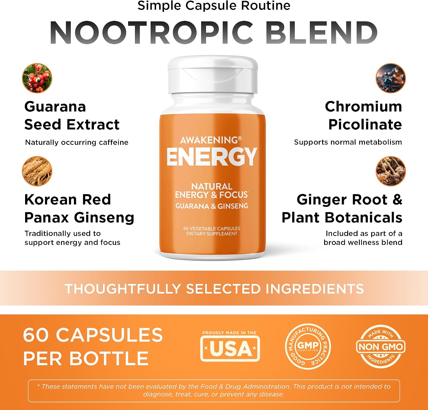 Awakening Natural Energy & Focus Supplement with Panax Ginseng, Guarana Extract & Chromium Picolinate | Brain Supplement for Focus, Energy