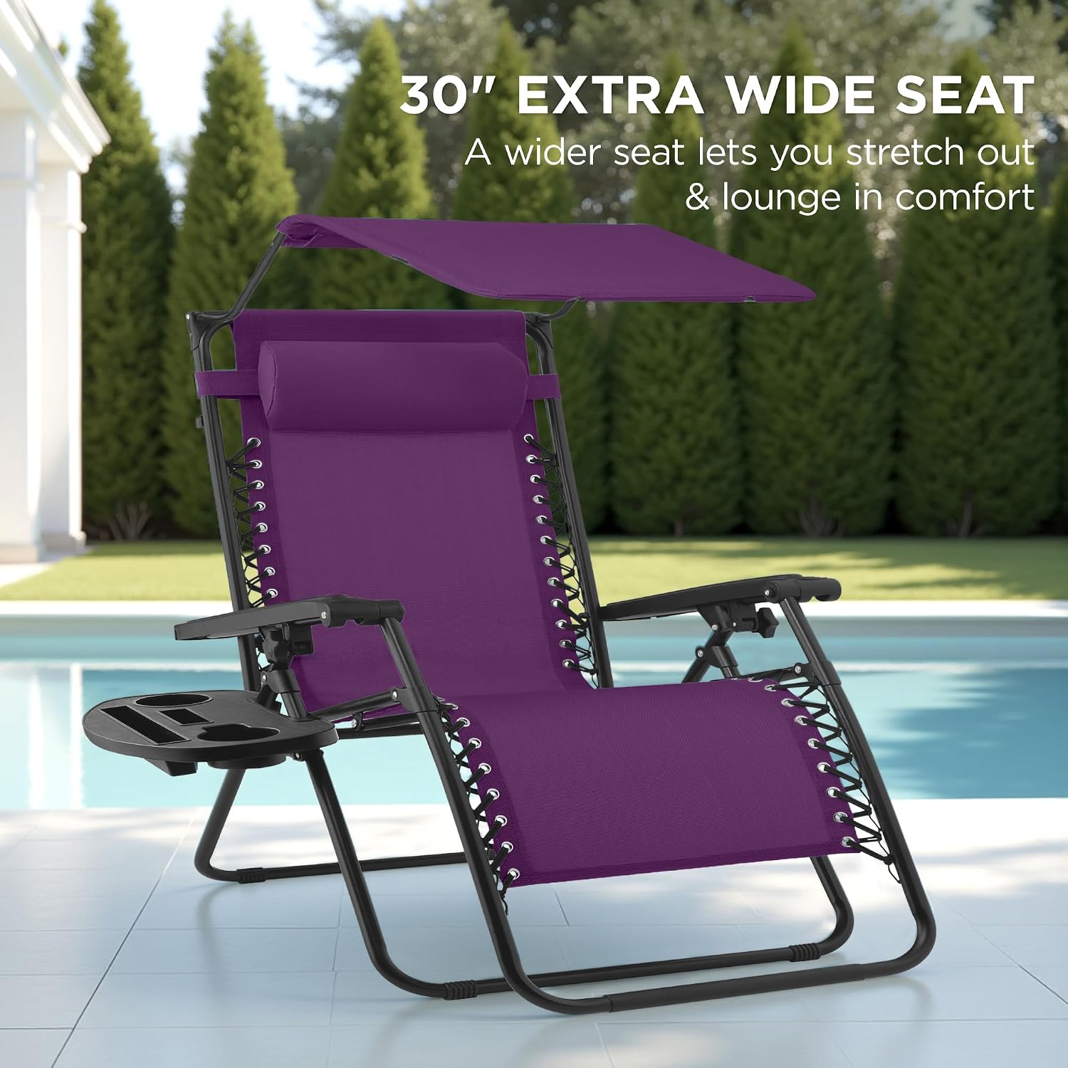 Best Choice Products Folding Zero Gravity Outdoor Recliner Patio Lounge Chair w/Adjustable Canopy Shade, Headrest, Side Accessory Tray, Textilene Mesh - Beige
