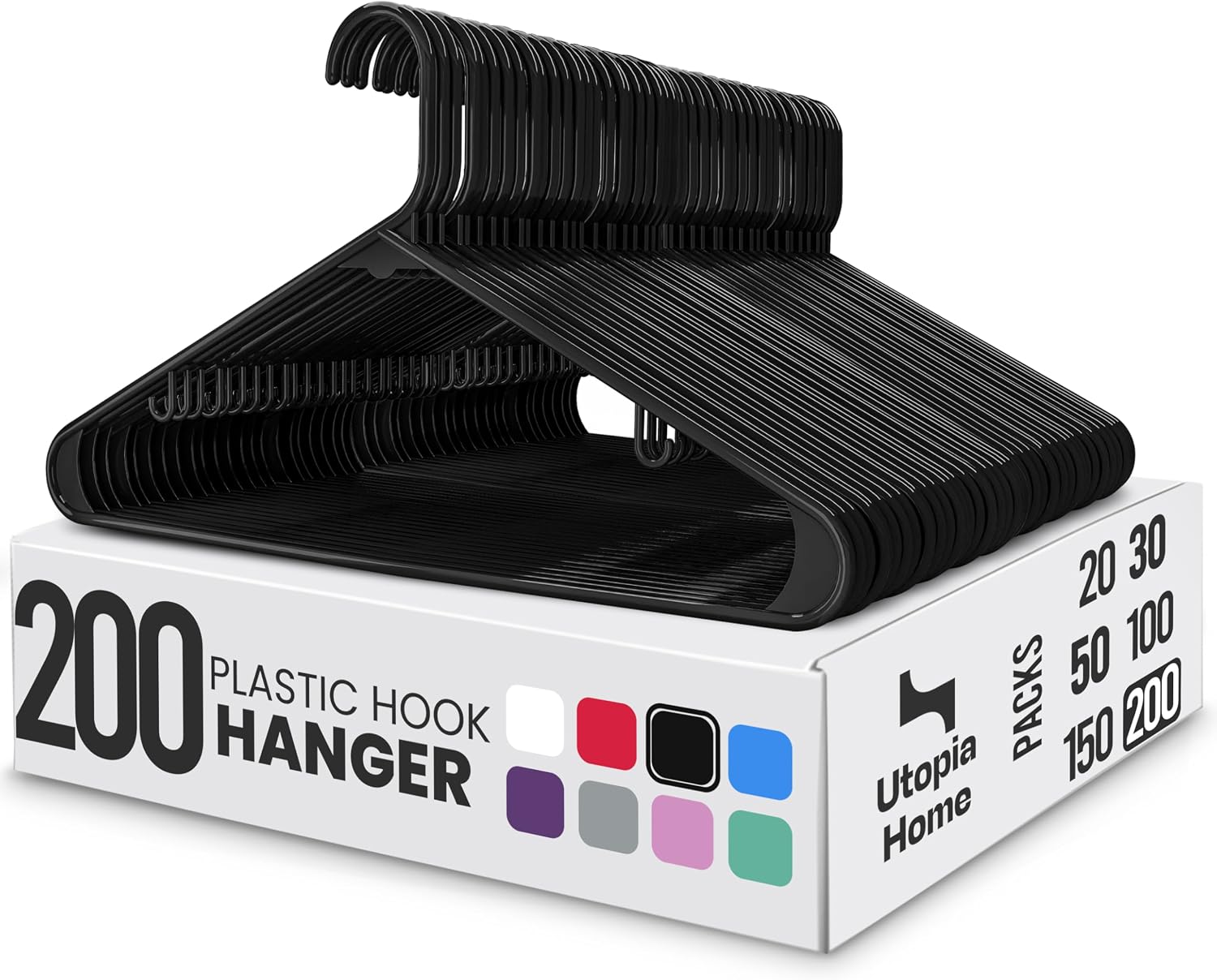 Utopia Home Plastic Hangers 50 Pack – Built-in Strap Hooks Black