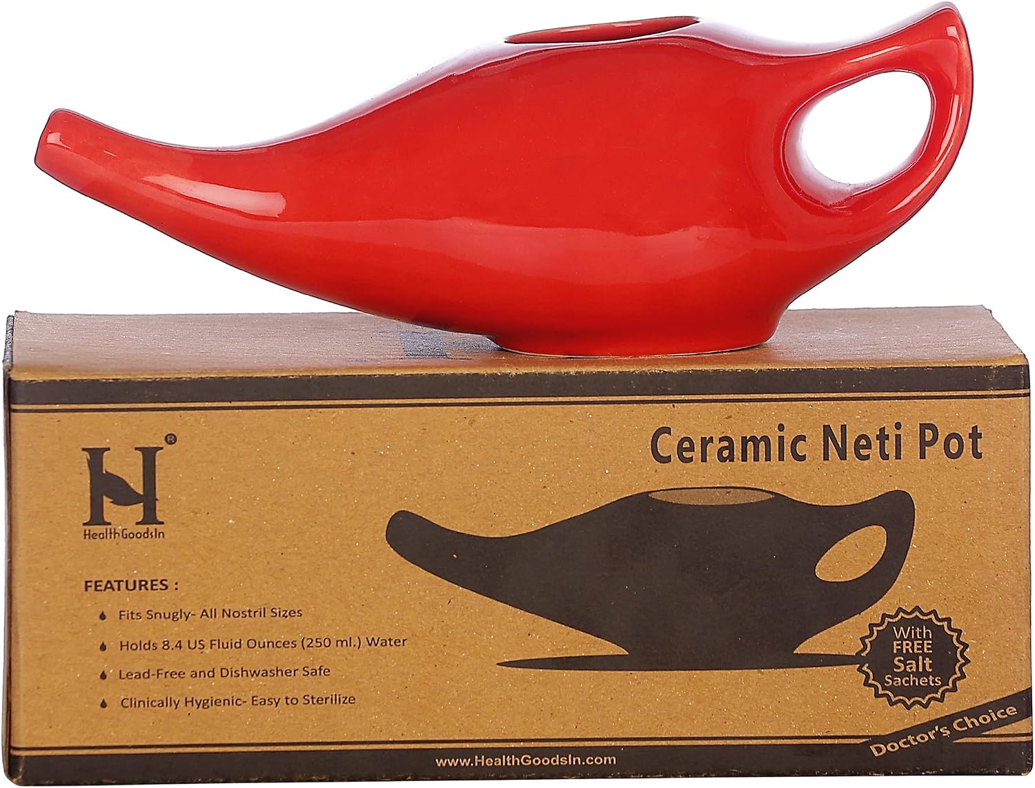 HealthGoodsIn Ceramic Neti Pot, Dishwasher Safe, Premium Handcrafted with 2 Silicone Nozzle and Salt for Sinus - 225 Ml. Capacity (Brown)