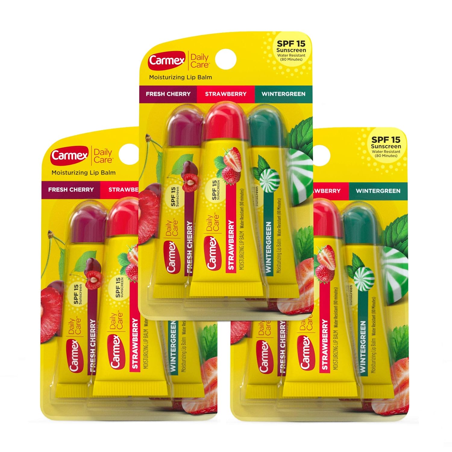 Carmex Daily Care Moisturizing Lip Balm Pack, Lip Balm With Sunscreen in Fresh Cherry, Strawberry and Wintergreen -0.35 Ounce (Pack of 3)