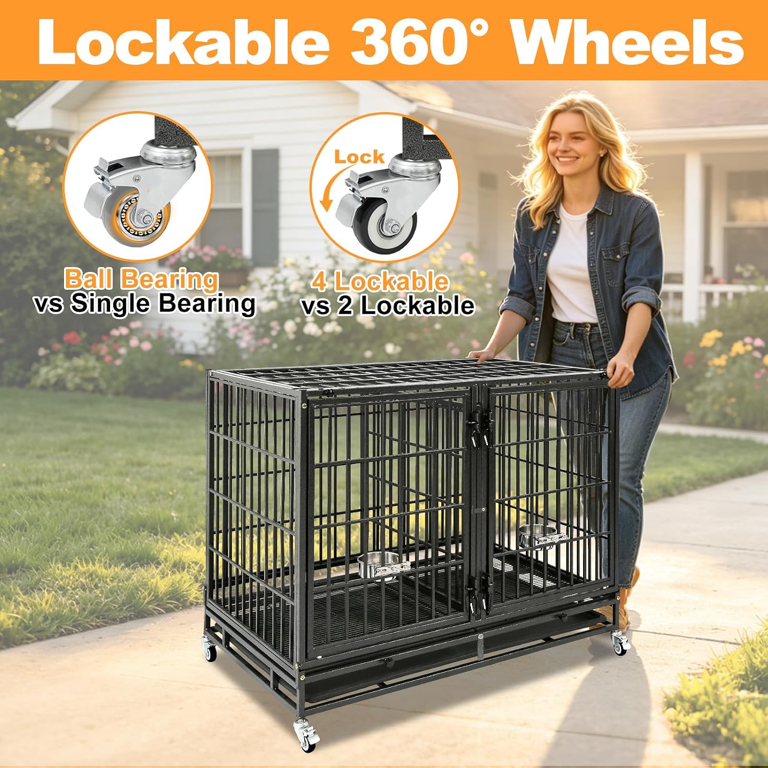 Homey Pet Taller 43" Heavy Duty Double Dog Crates with Divider & Dual Door | Drop Cage for Dogs with Lockable Wheels, Bowls, Removable Tray, Top Access, Ideal for Small to Medium & Large Dogs, Breeders