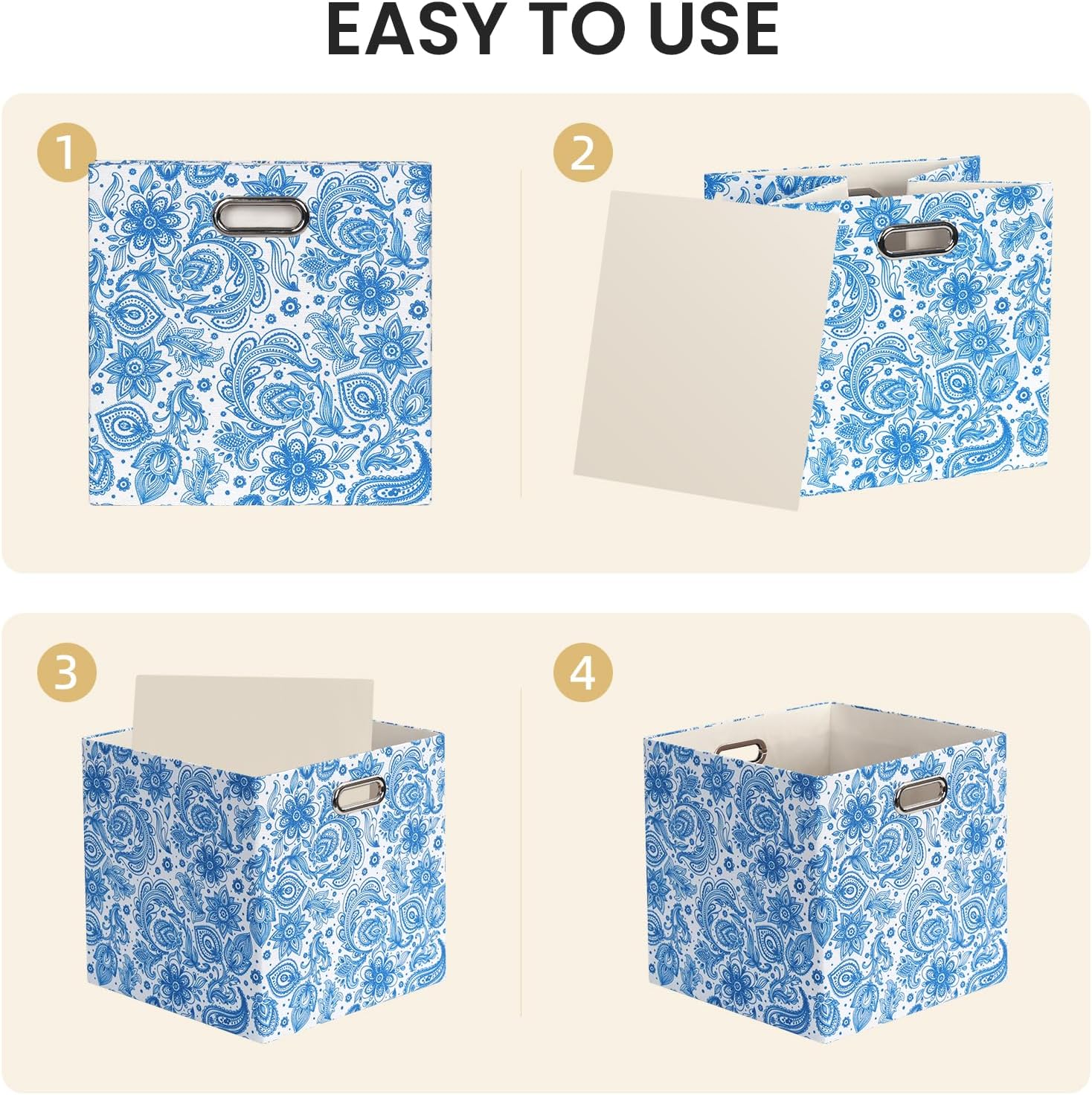Posprica Storage Bins, Storage Cubes,13×13 Fabric Drawers Organizer Basket Boxes Containers (13×13×13/4pcs, Cream/gold geometry Pattern)
