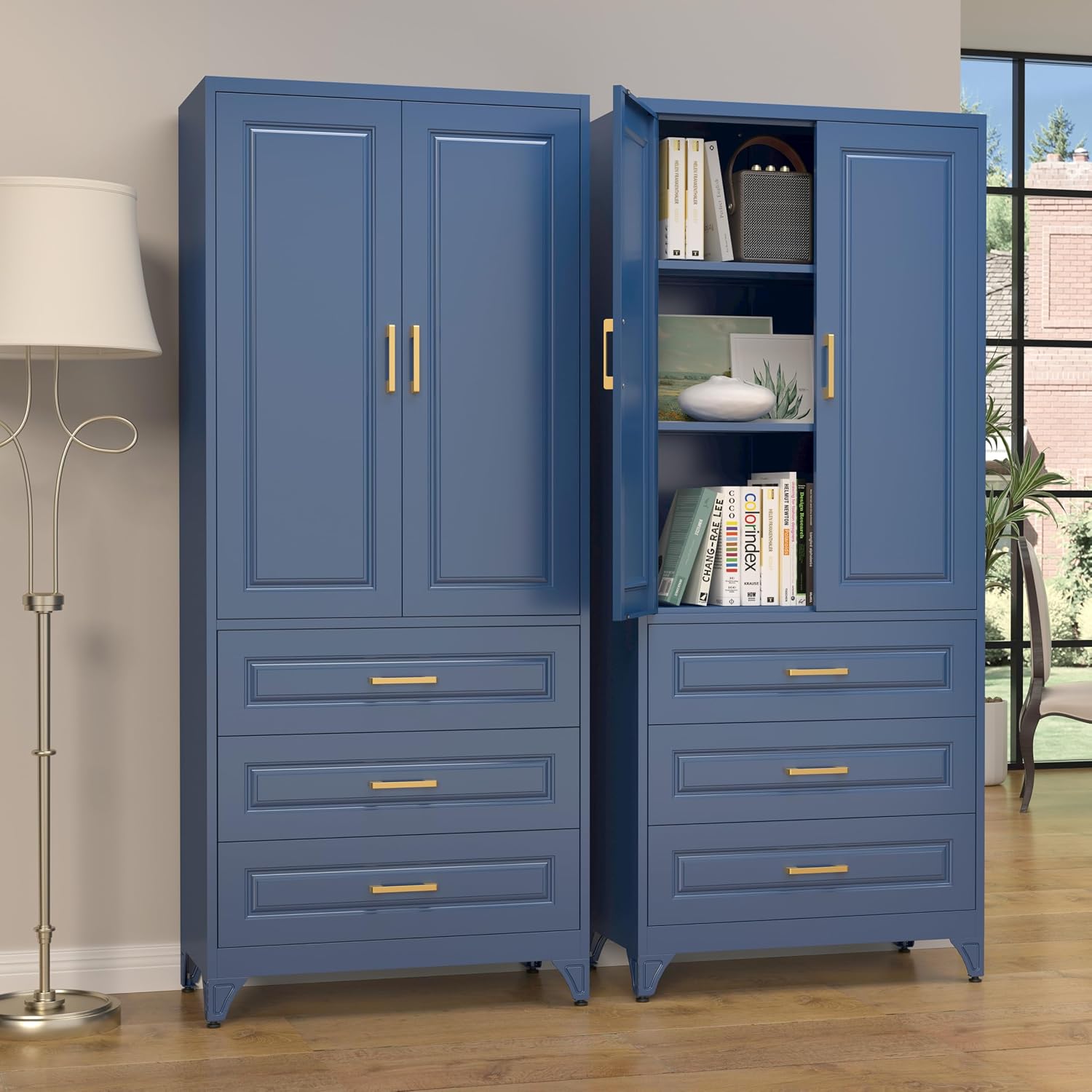 Steeloong 71"Metal Pantry Storage Cabinet with Doors & 4 Adjustable Shelves | Kitchen Pantry Cabinet,White Kitchen Cabinet with 2 Gold Handles,Tall Cabinet for Livingroom,Pantry, Bathroom,Kitchen
