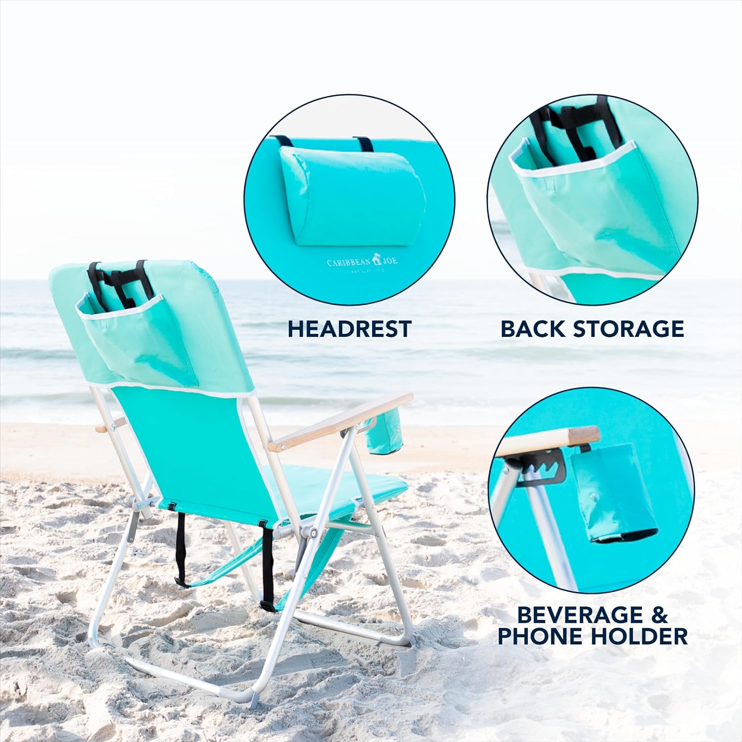 CARIBBEAN JOE Folding Beach Chair, 4 Position Portable Backpack Foldable Camping Chair with Headrest, Cup Holder, and Wooden Armrests