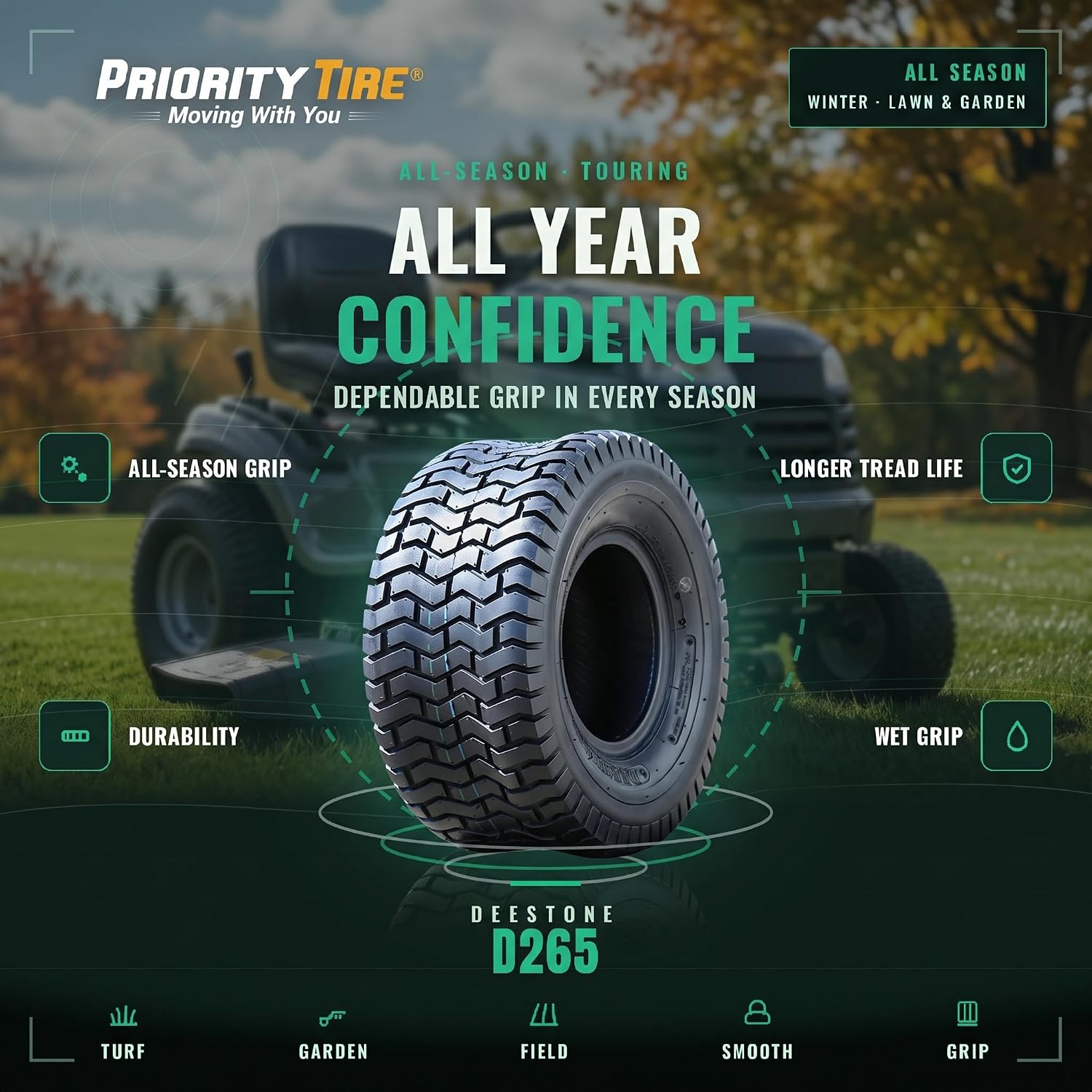 Deestone 1020355 D265 TURF Lawn & Garden Tire - 20X8.00-8 4-Ply | Lawn Mower & Garden Tractor All Season Traction 79A3 Rated 4 Ply Bias Construction
