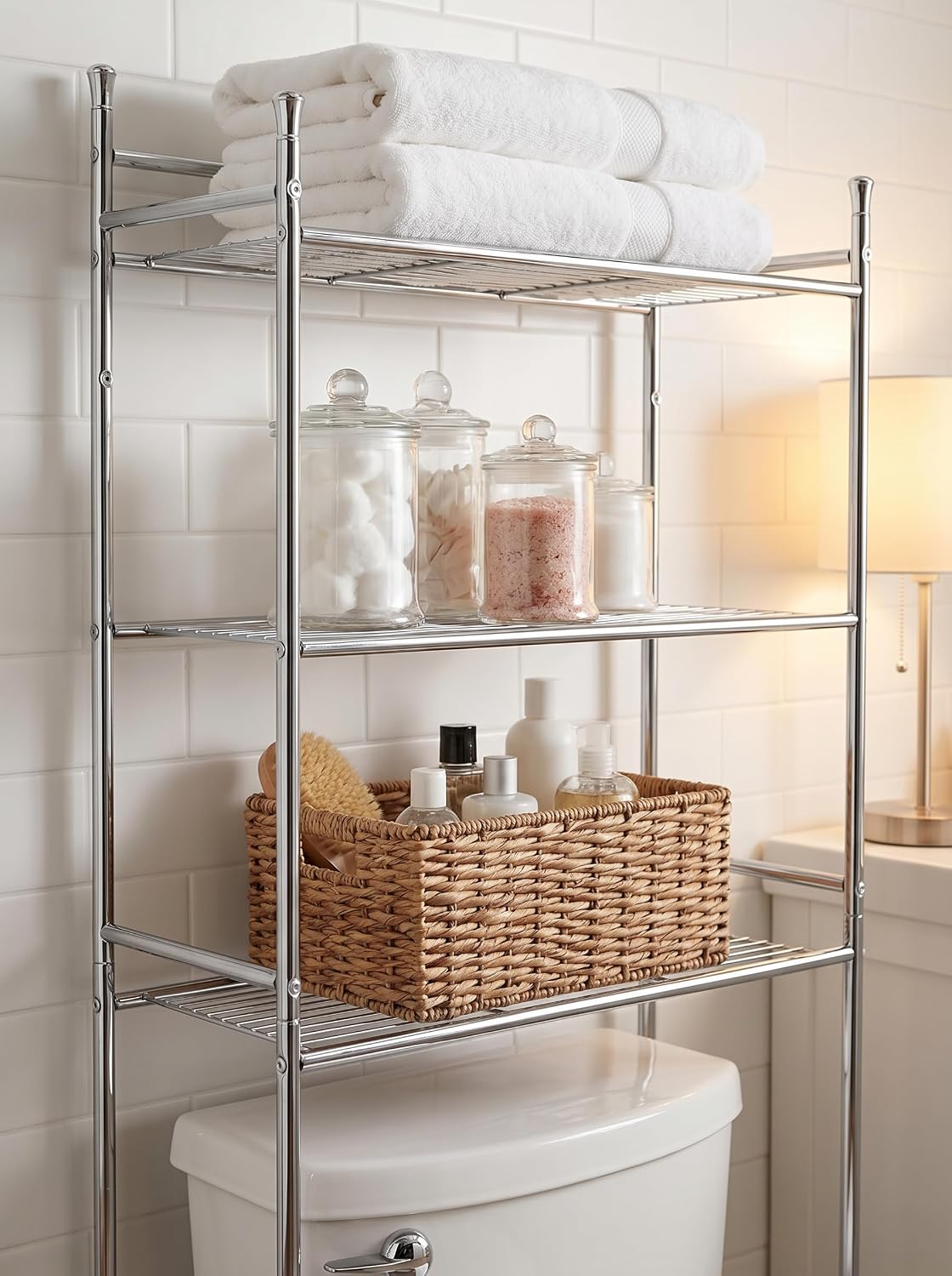 Honey-Can-Do 3-Tier Metal Bathroom Shelf Space Saver, Over The Toilet Storage Rack Organizer, Adjustable Chrome Wire Shelving Unit for Towels & Toiletries, 9.5 x 23 x 60 in
