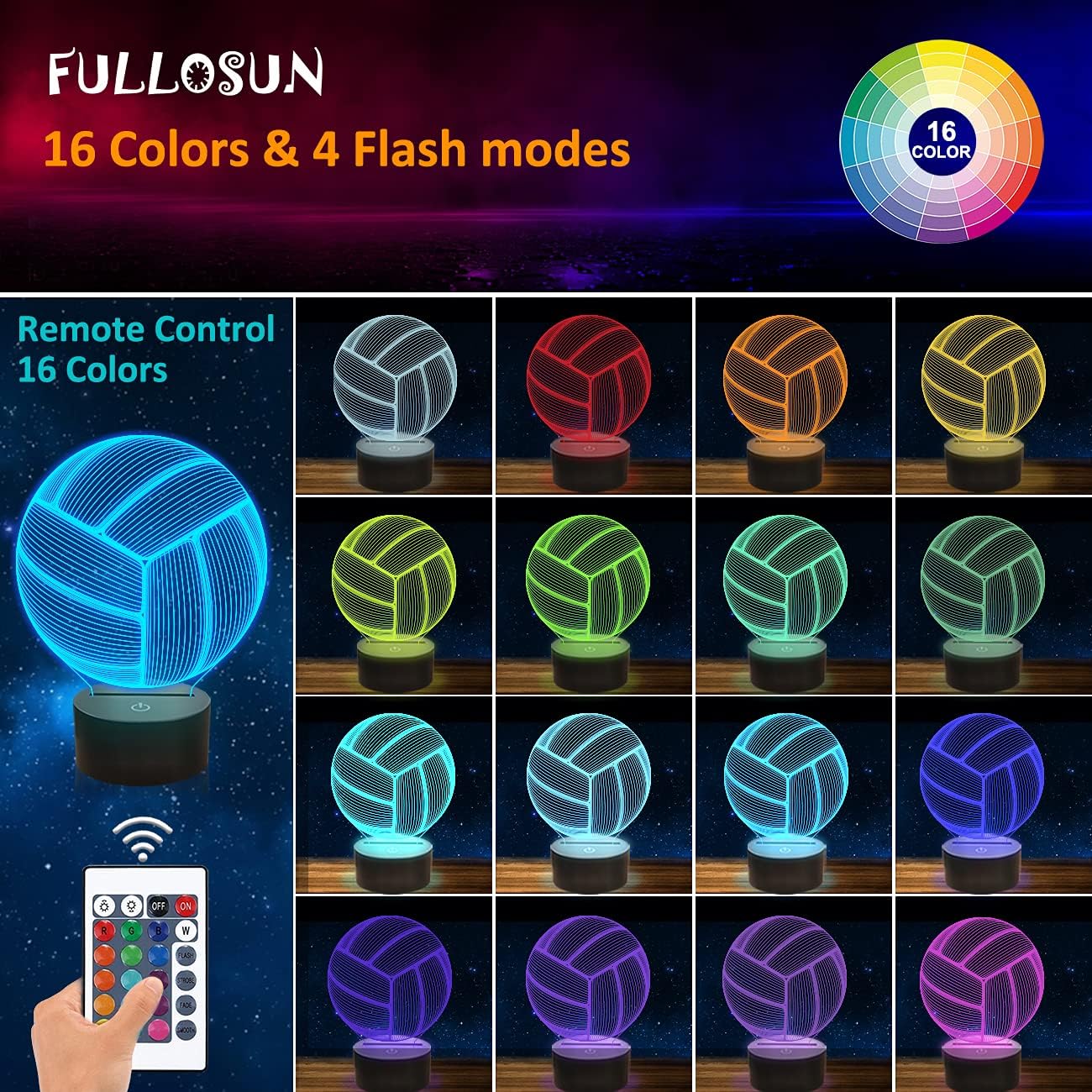 FULLOSUN Volleyball 3D Night Light, Sport Mood Illusion Lamp for Kids with Remote Control 16 Colors Changing