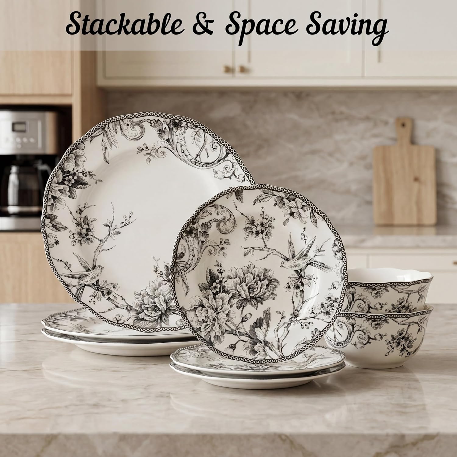 222 Fifth Adelaide 16-Piece Black Porcelain Dinnerware Set – Service for 4, Featuring Hand-Applied Romantic Woodland Bird Design