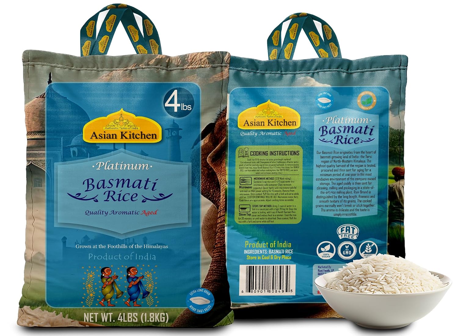 Asian Kitchen Platinum White Basmati Rice Extra Long Aged 20lbs (9.08kg) ~ All Natural | Gluten Friendly | Vegan | Indian Origin | Export Quality