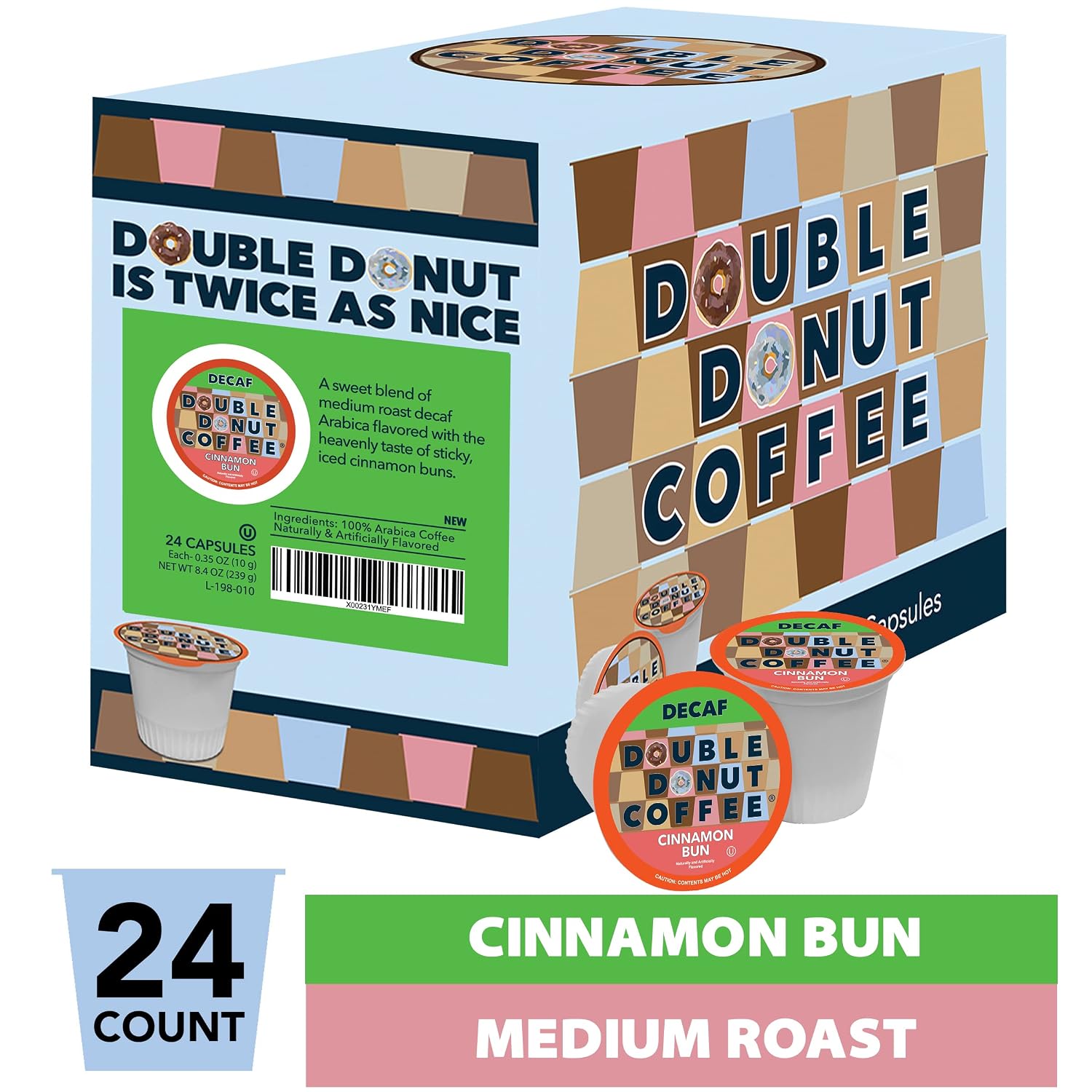 Double Donut Coffee Double Donut Medium Roast Decaf Coffee Pods, Classic, for Keurig K-Cup Machines, 24 Single-Serve Capsules per Box