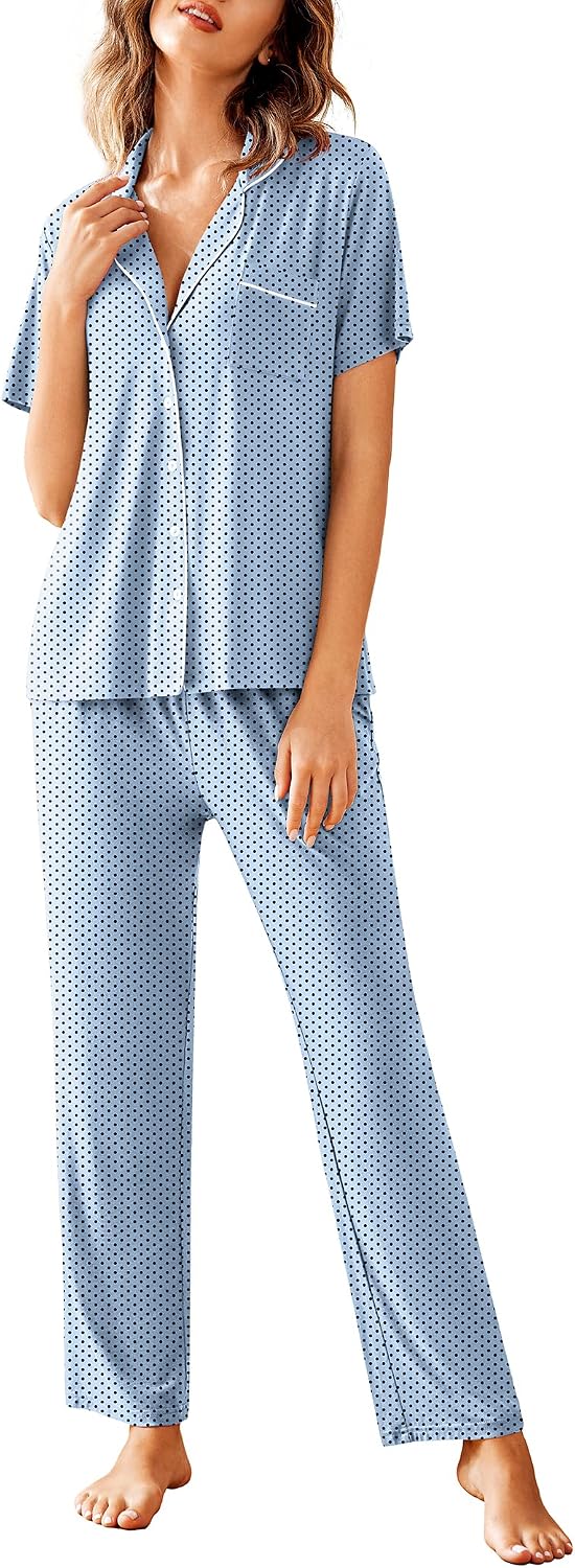 Avidlove Women Pajamas Set Notch Collar Soft Sleepwear Pjs Short Sleeve Button Down Nightwear with Long Pants