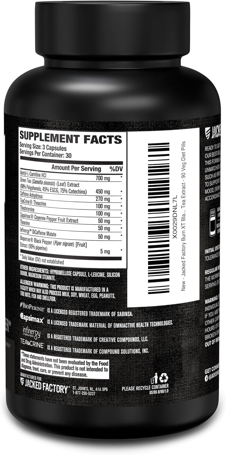 Jacked Factory Burn XT Black Thermogenic Fat Burner - Weight Loss Supplement, Appetite Suppressant, Nootropic Energy Booster | TeaCrine
