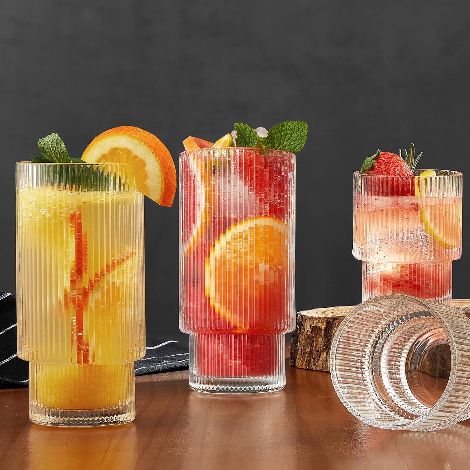 Qipecedm® 6 Pack Ribbed Drinking Glasses, 16 oz Vintage Glass Cups, Highball Glasses, Premium Iced Coffee Glasses, Clear Glass Tumbler