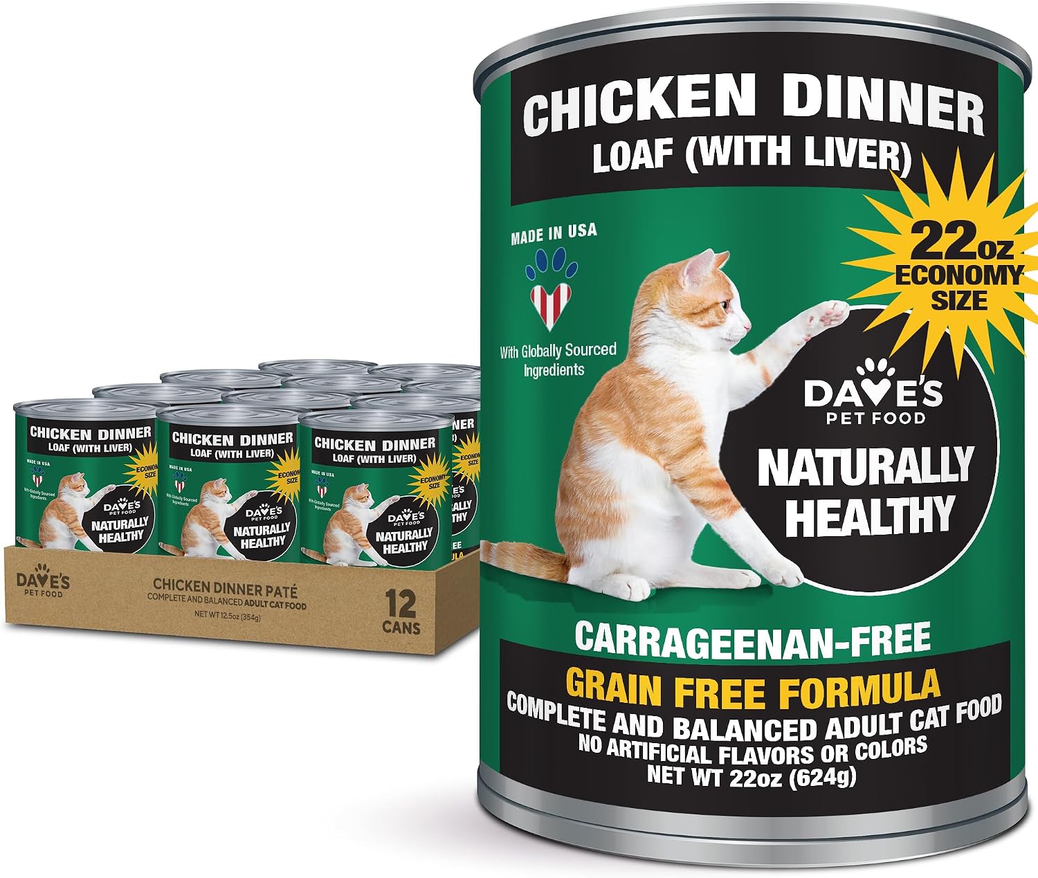 Dave's Pet Food Grain Free Wet Canned Cat Food Pate, Chicken, 12.5 oz, 12pk | Made in USA, Naturally Healthy, Easy to Digest Wheat & Gluten-Free, Use as Topper or Meal, Carrageenan-Free