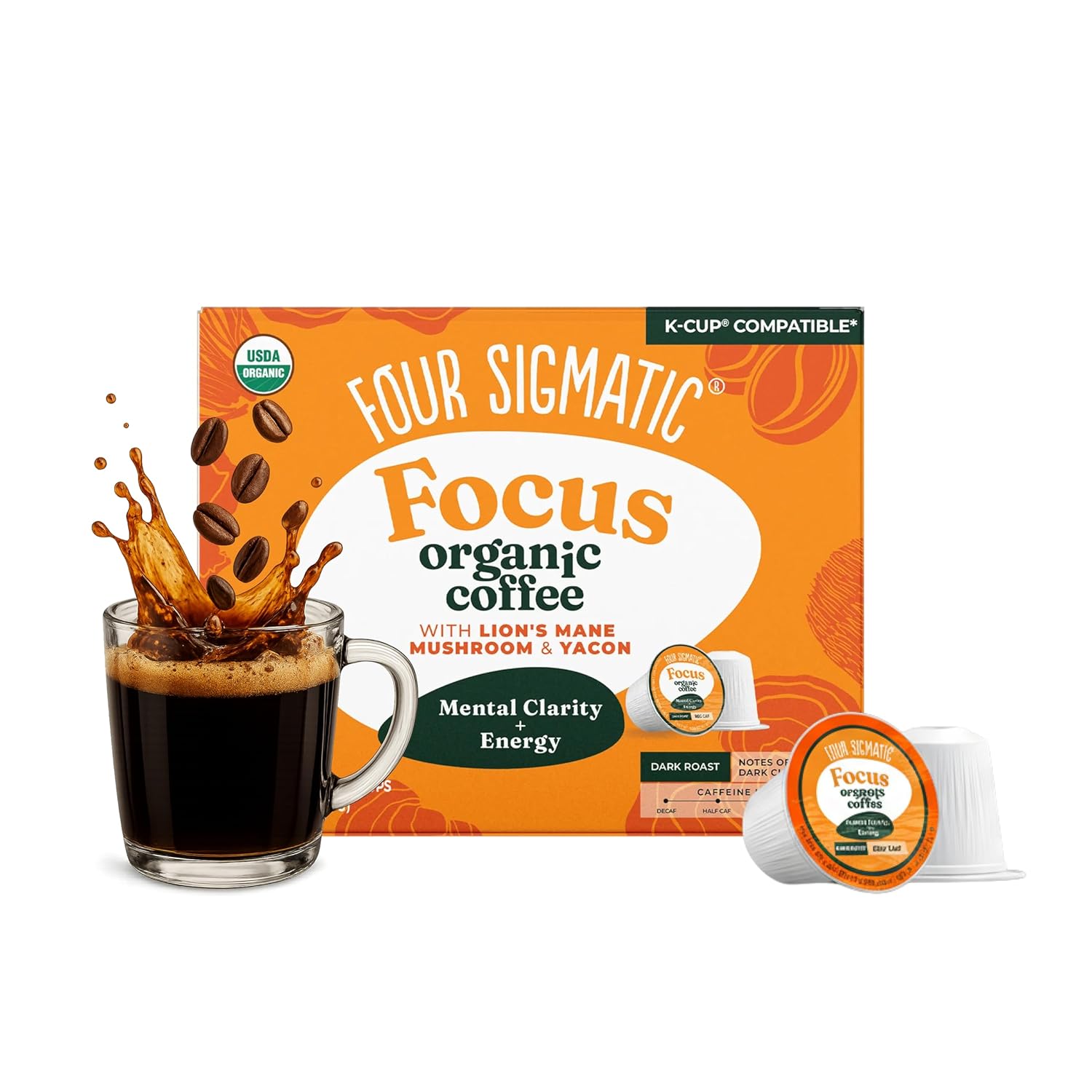 Four Sigmatic Mushroom Coffee K-Cups | Organic Dark Roast Coffee with Lion’s Mane Mushroom Powder & Yacon | Focus & Immune Support | Vegan & Keto