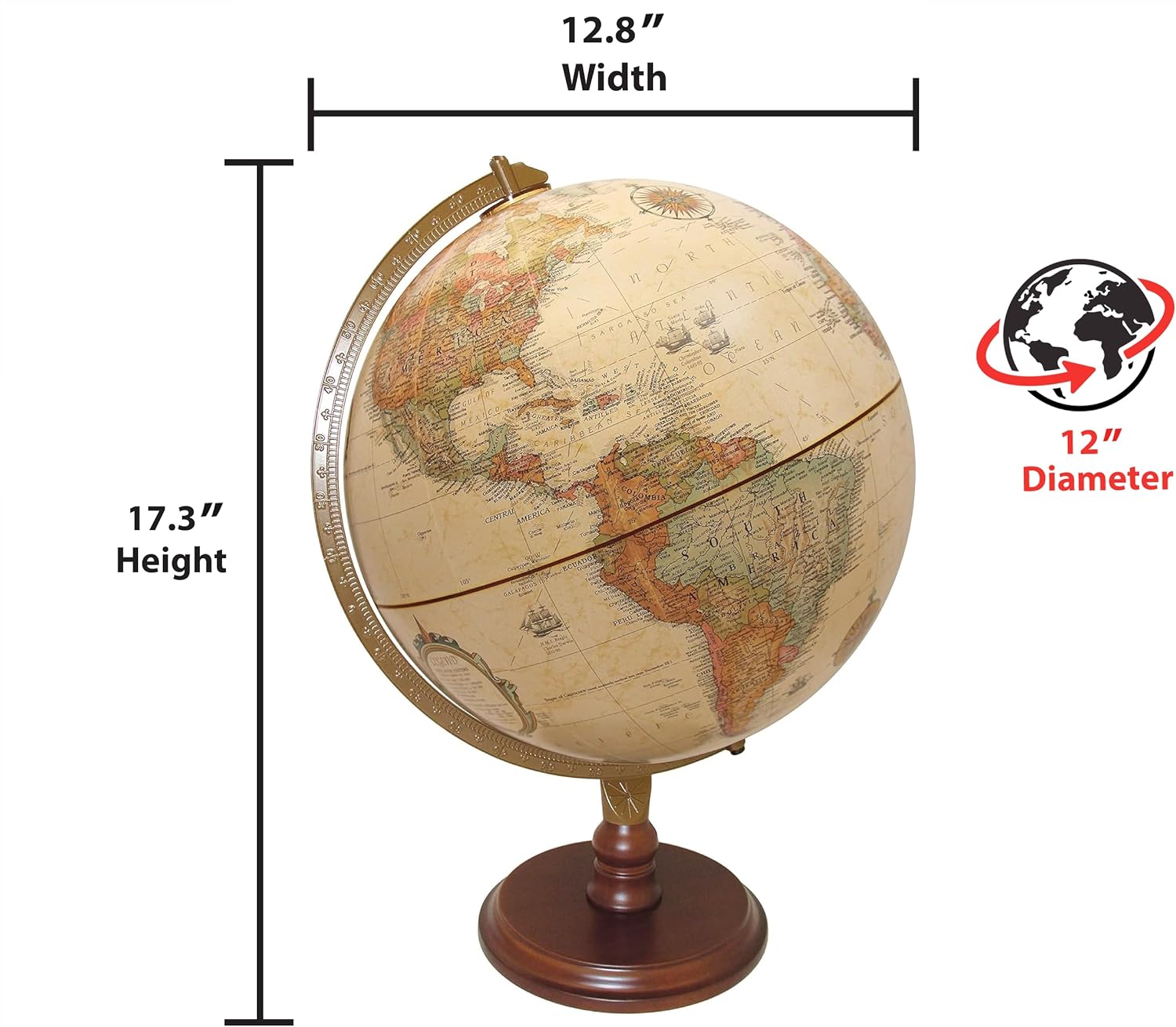 Replogle Lenox, 12"/30cm diameter Antique Style, Desktop Globe, Classic World Globe with up-to-date Cartography, Made in USA